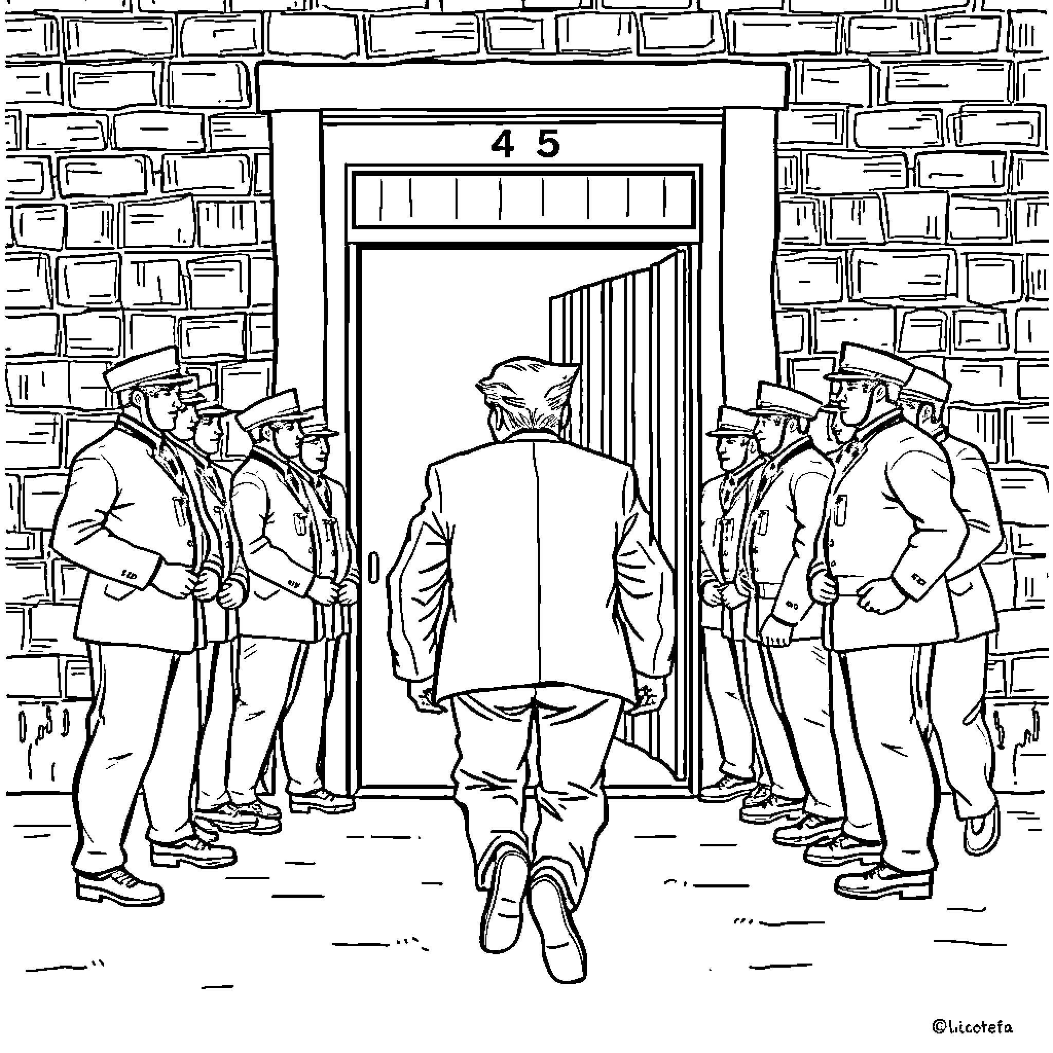 Trump Enters Mysterious Door with Uniformed Men Coloring Page (free black-and-white line drawing printable PDF for all, from beginners to advanced learners, including children, teens, adults, and seniors)
