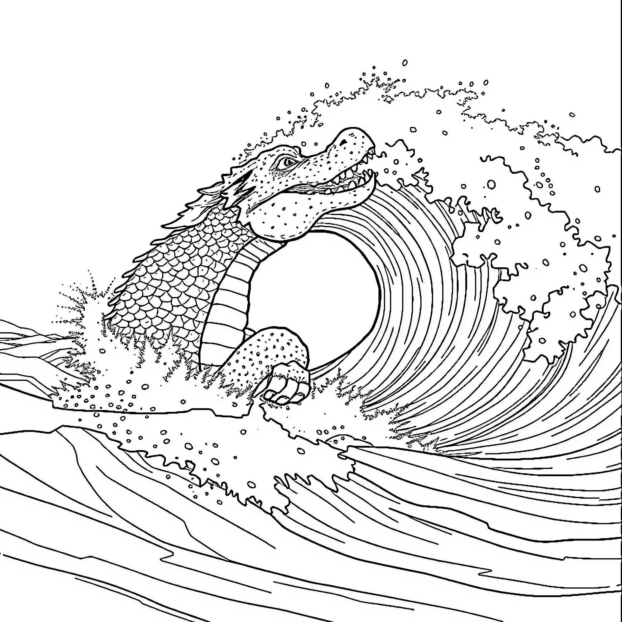 Dracaufeu surfing a giant wave Coloring Page (free black-and-white line drawing printable PDF for all, from beginners to advanced learners, including children, teens, adults, and seniors)
