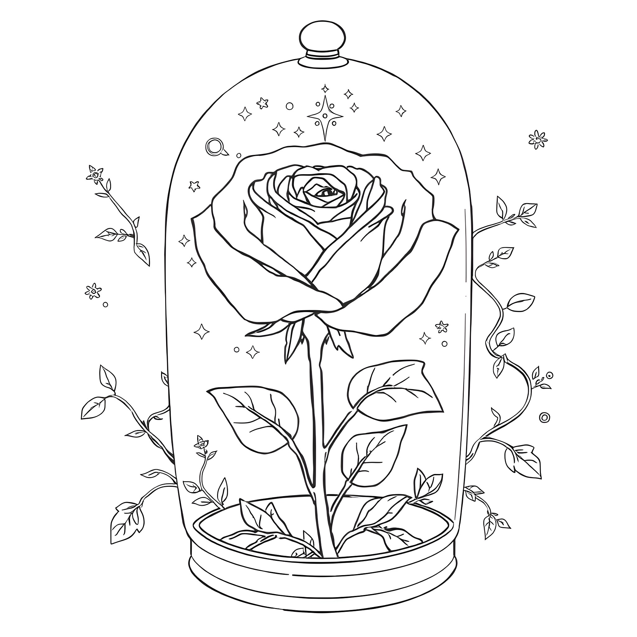 Rose encased in a glass dome with magical elements Coloring Page (free black-and-white line drawing printable PDF for all, from beginners to advanced learners, including children, teens, adults, and seniors)