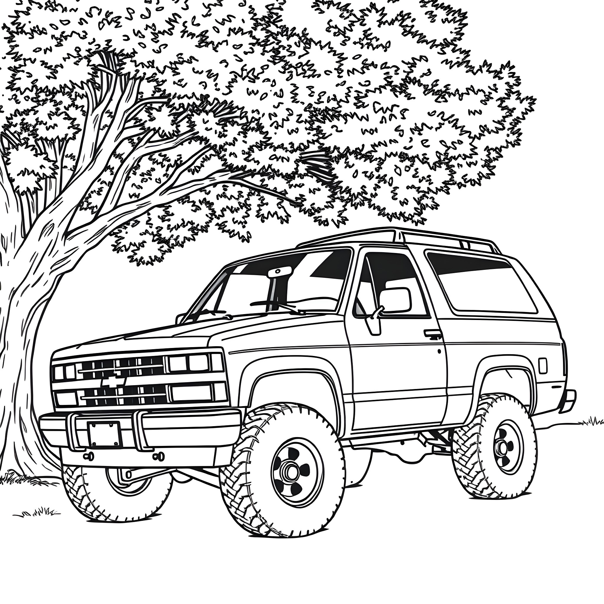Chevy Blazer off-road adventure in nature Coloring Page (free black-and-white line drawing printable PDF for all, from beginners to advanced learners, including children, teens, adults, and seniors)