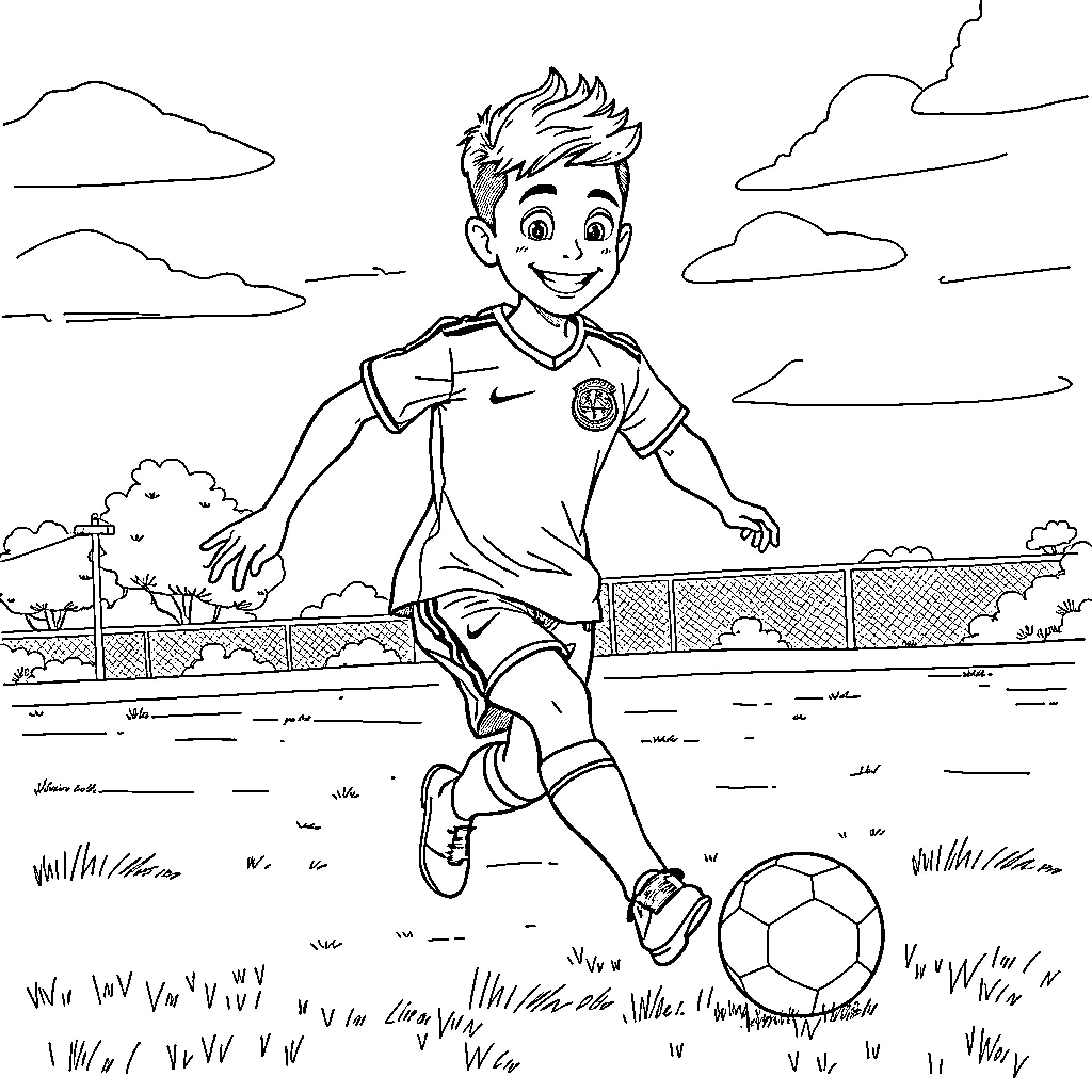 Lamine Yamal playing soccer enthusiastically on the field Coloring Page (free black-and-white line drawing printable PDF for all, from beginners to advanced learners, including children, teens, adults, and seniors)