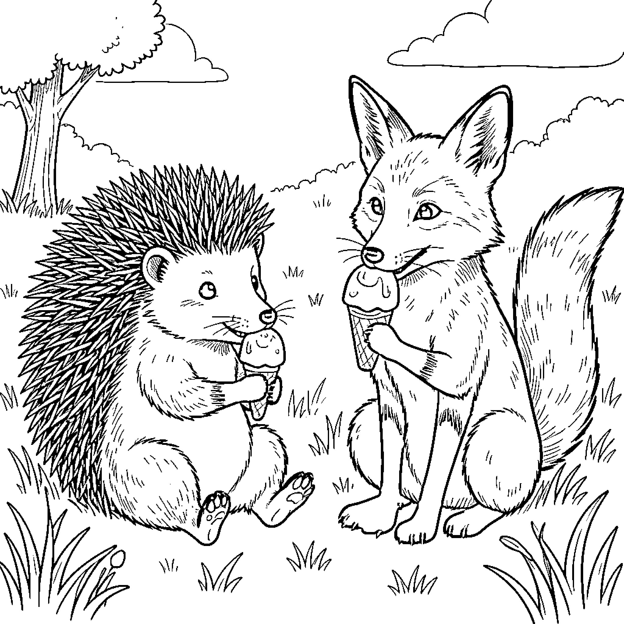 Hedgehog and fox enjoying ice cream together outdoors Coloring Page (free black-and-white line drawing printable PDF for all, from beginners to advanced learners, including children, teens, adults, and seniors)