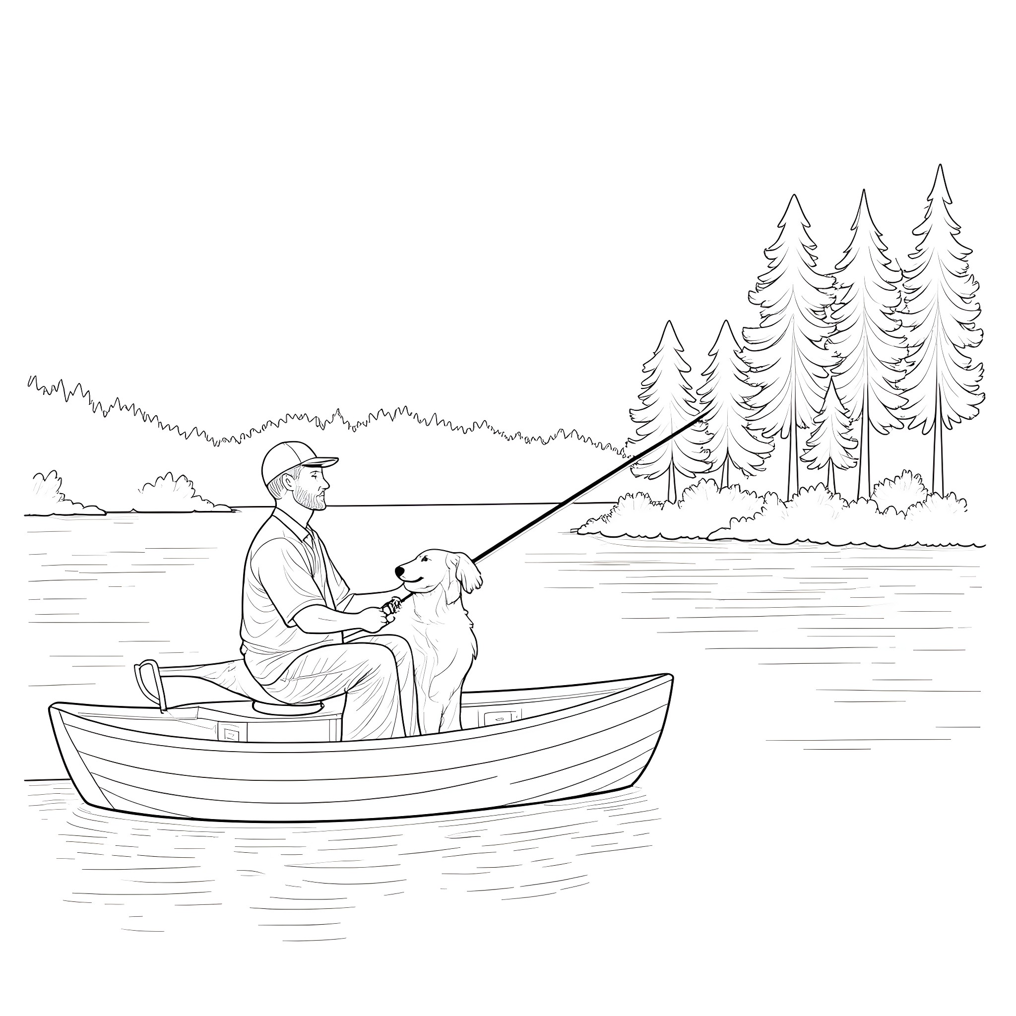 Man fishing in a boat on a peaceful lake Coloring Page (free black-and-white line drawing printable PDF for all, from beginners to advanced learners, including children, teens, adults, and seniors)