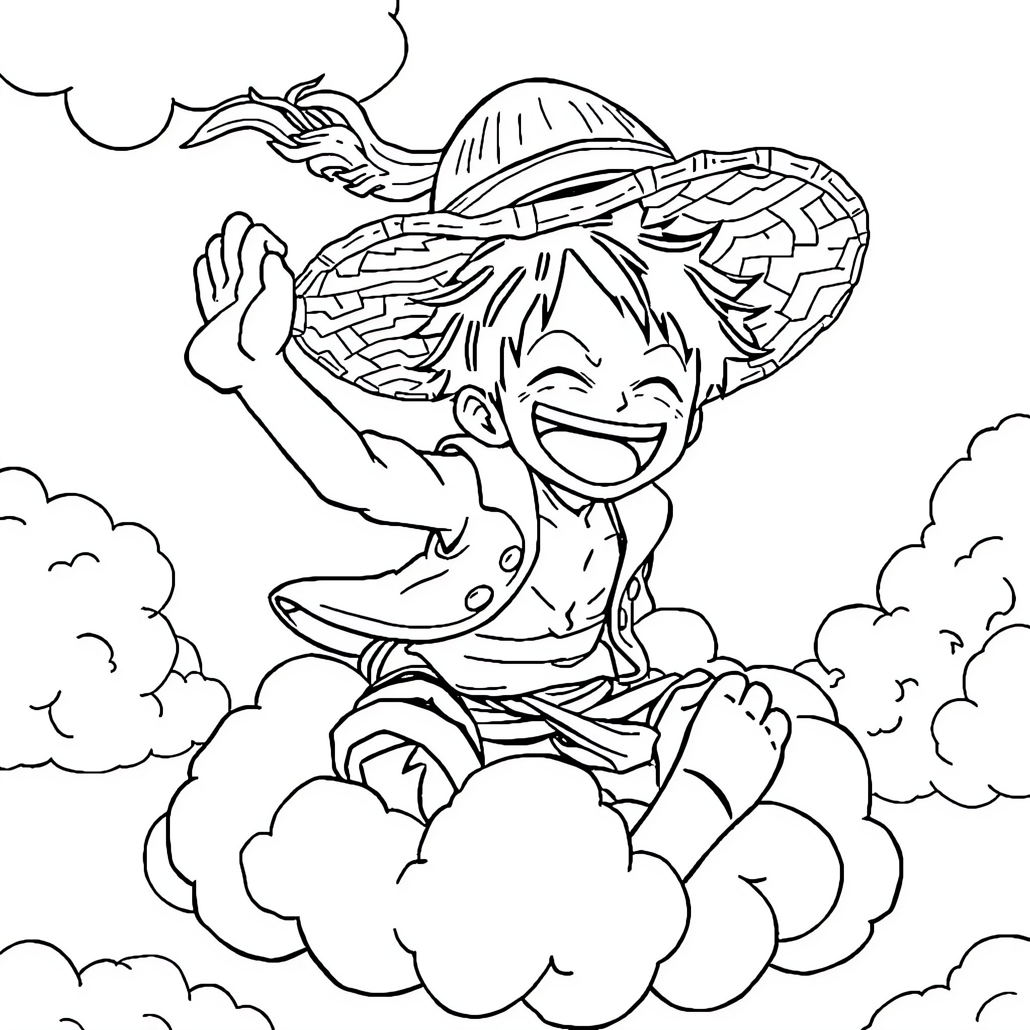 Luffy's Joyful Adventure in the Clouds Coloring Page (free black-and-white line drawing printable PDF for all, from beginners to advanced learners, including children, teens, adults, and seniors)