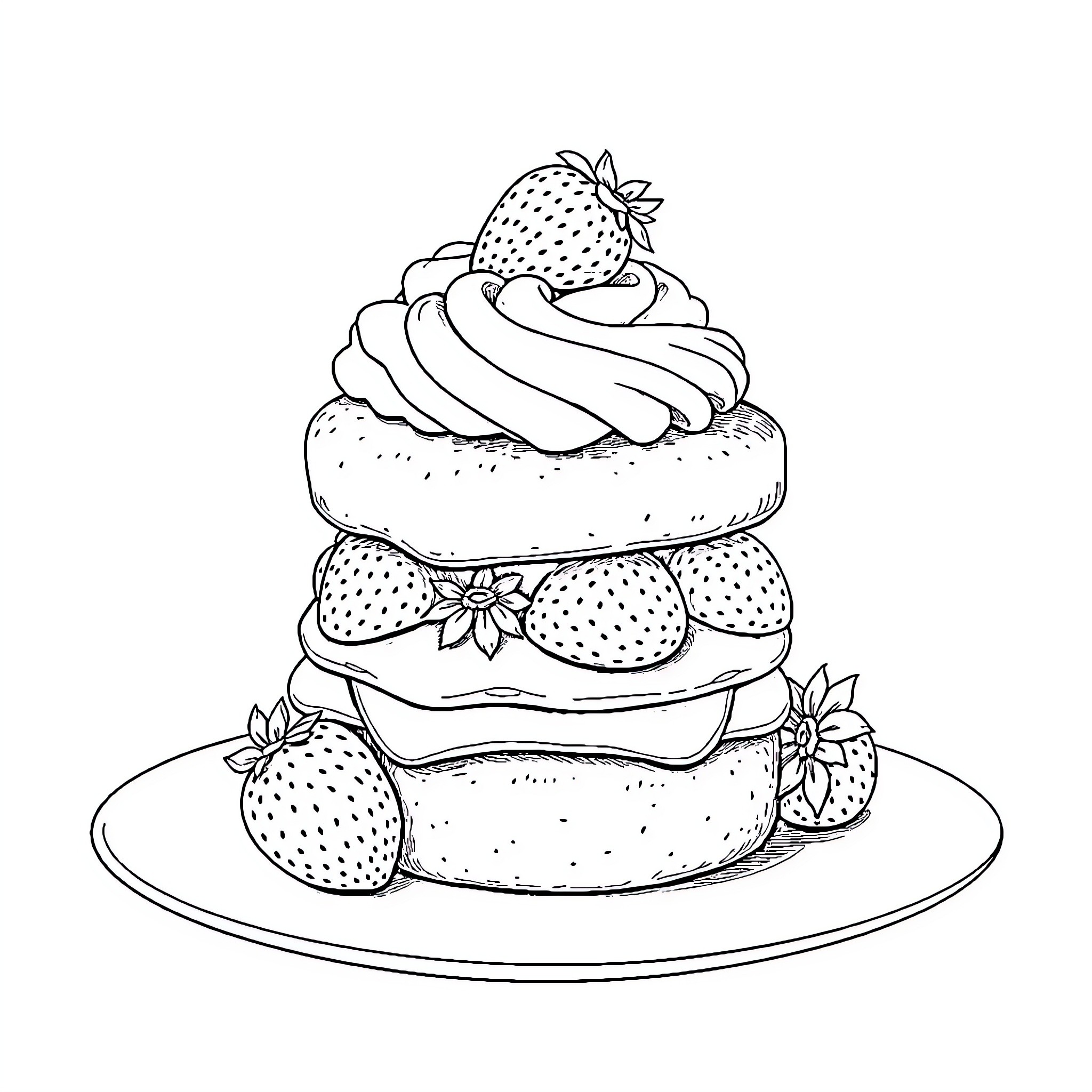 Strawberry Dessert Delight Coloring Page (free black-and-white line drawing printable PDF for all, from beginners to advanced learners, including children, teens, adults, and seniors)