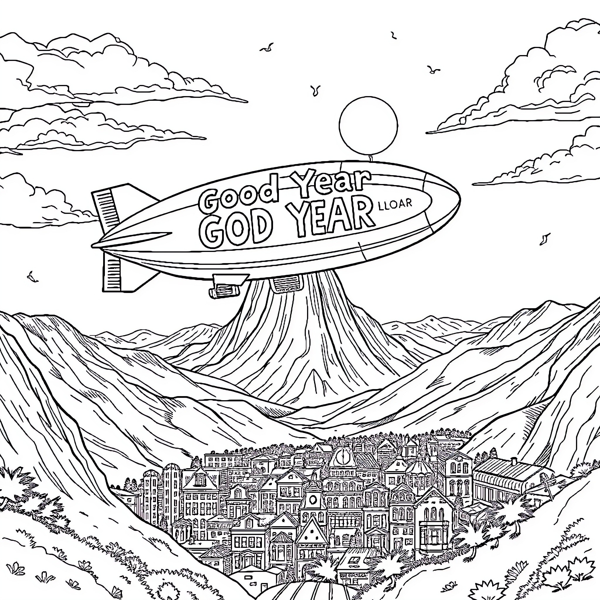 Siren Head Airship Soaring Over Vibrant City Landscape Coloring Page (free black-and-white line drawing printable PDF for all, from beginners to advanced learners, including children, teens, adults, and seniors)