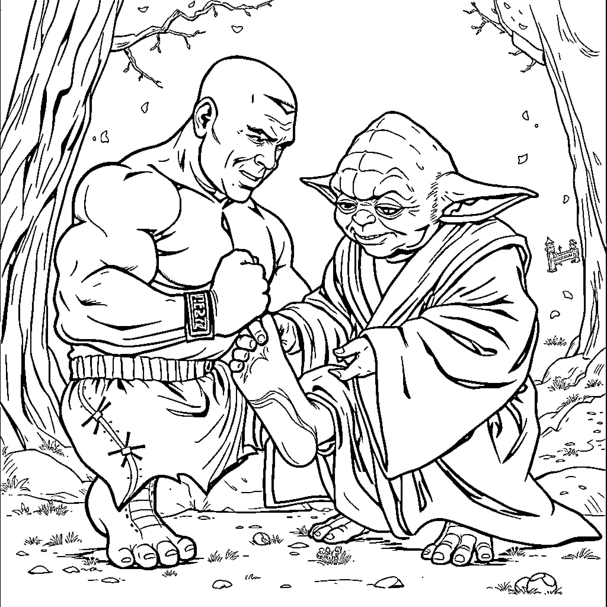 Mike Tyson Receives Wisdom from Yoda in the Forest Coloring Page (free black-and-white line drawing printable PDF for all, from beginners to advanced learners, including children, teens, adults, and seniors)