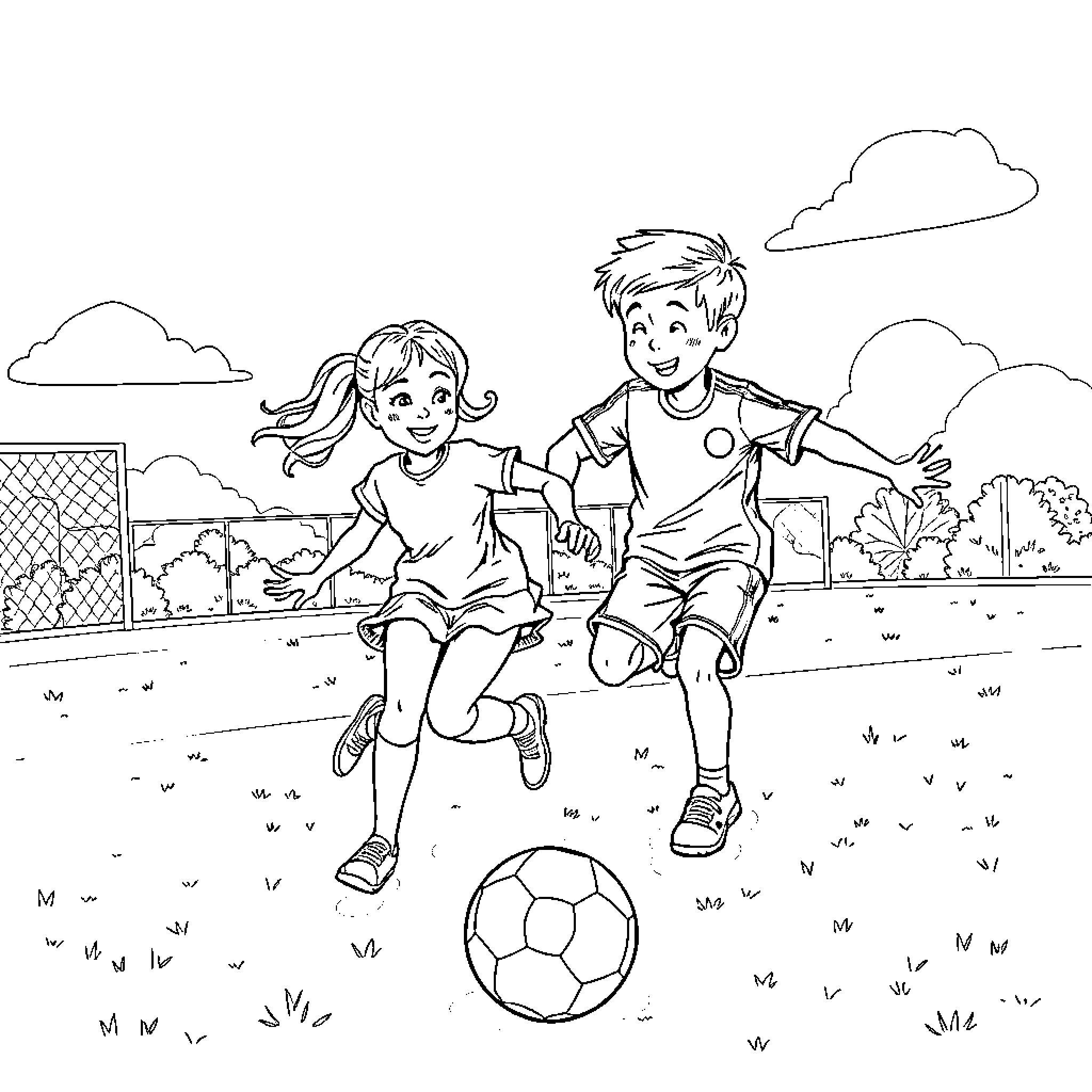 Child playing soccer with a friend outdoors Coloring Page (free black-and-white line drawing printable PDF for all, from beginners to advanced learners, including children, teens, adults, and seniors)