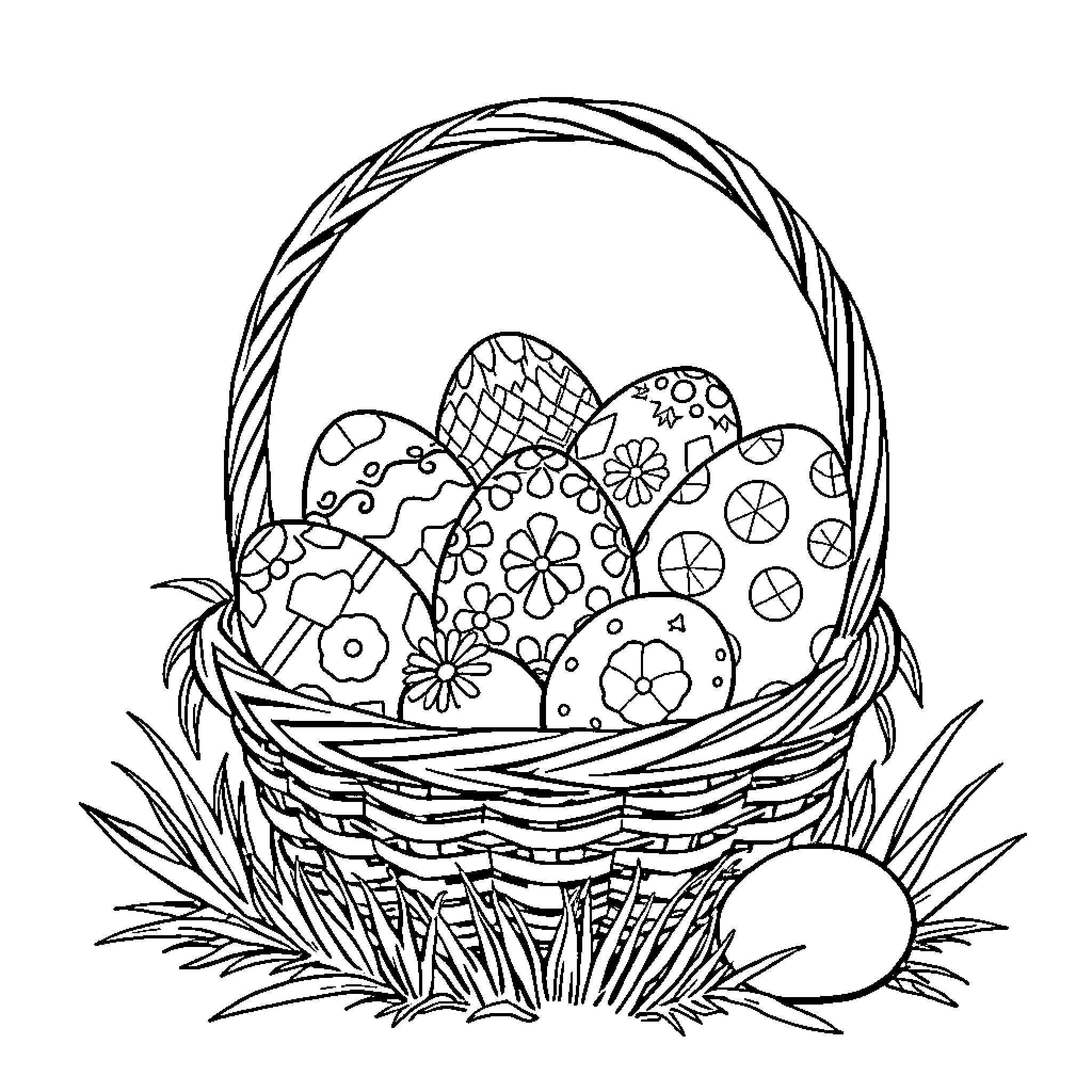 Easter Egg Basket with Decorated Eggs Coloring Page (free black-and-white line drawing printable PDF for all, from beginners to advanced learners, including children, teens, adults, and seniors)
