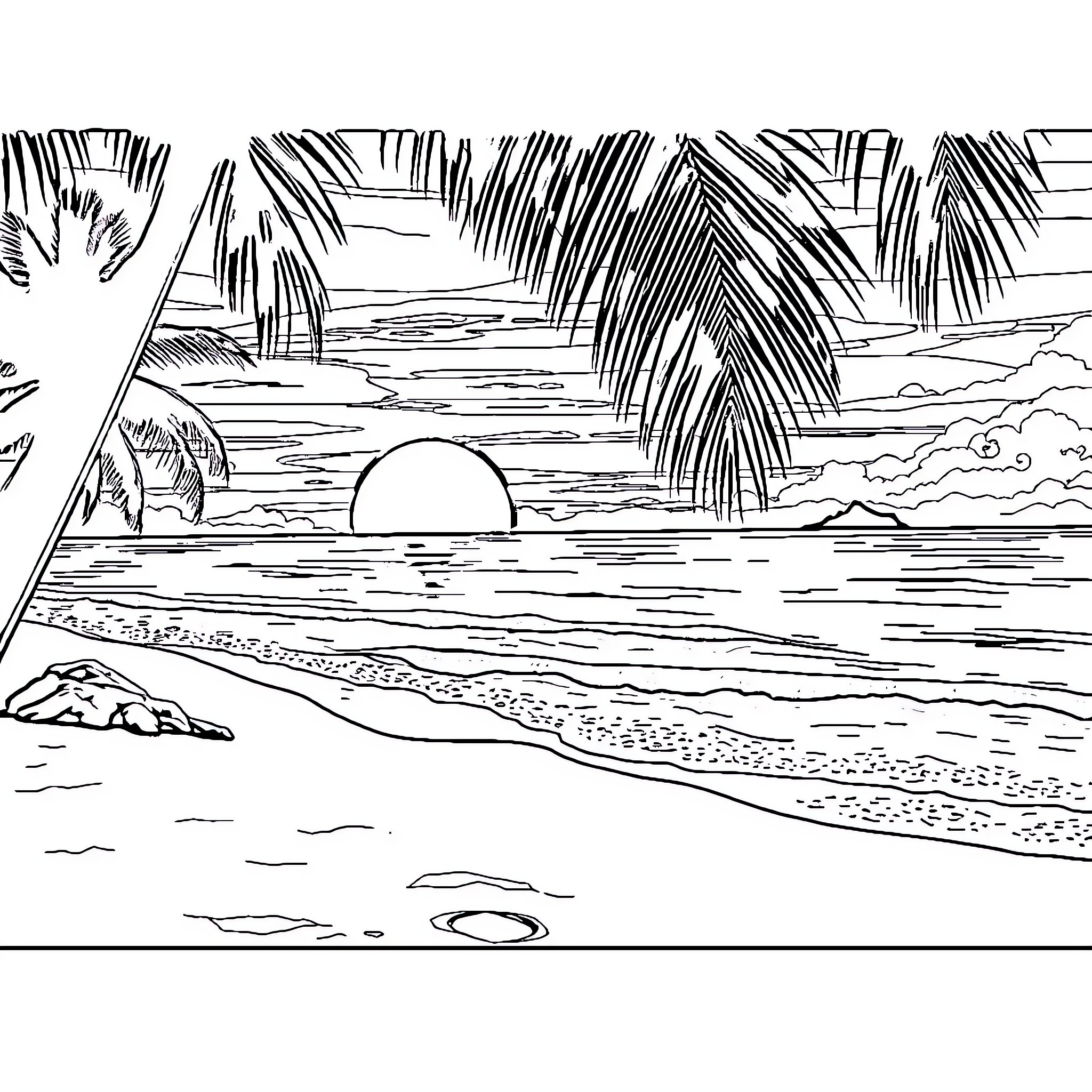Beach sunset landscape with palm trees Coloring Page (free black-and-white line drawing printable PDF for all, from beginners to advanced learners, including children, teens, adults, and seniors)
