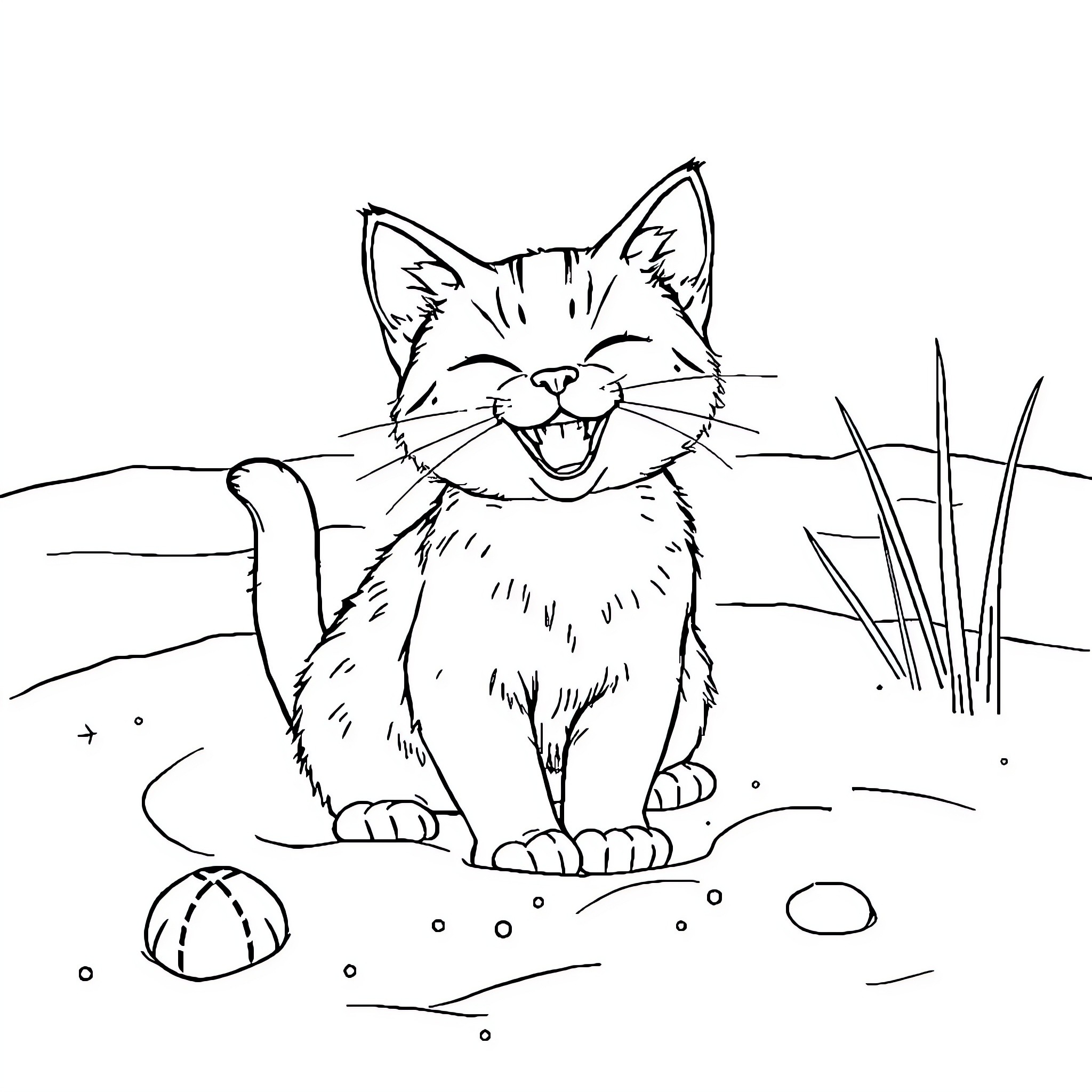 Cat happily playing in the yard Coloring Page (free black-and-white line drawing printable PDF for all, from beginners to advanced learners, including children, teens, adults, and seniors)