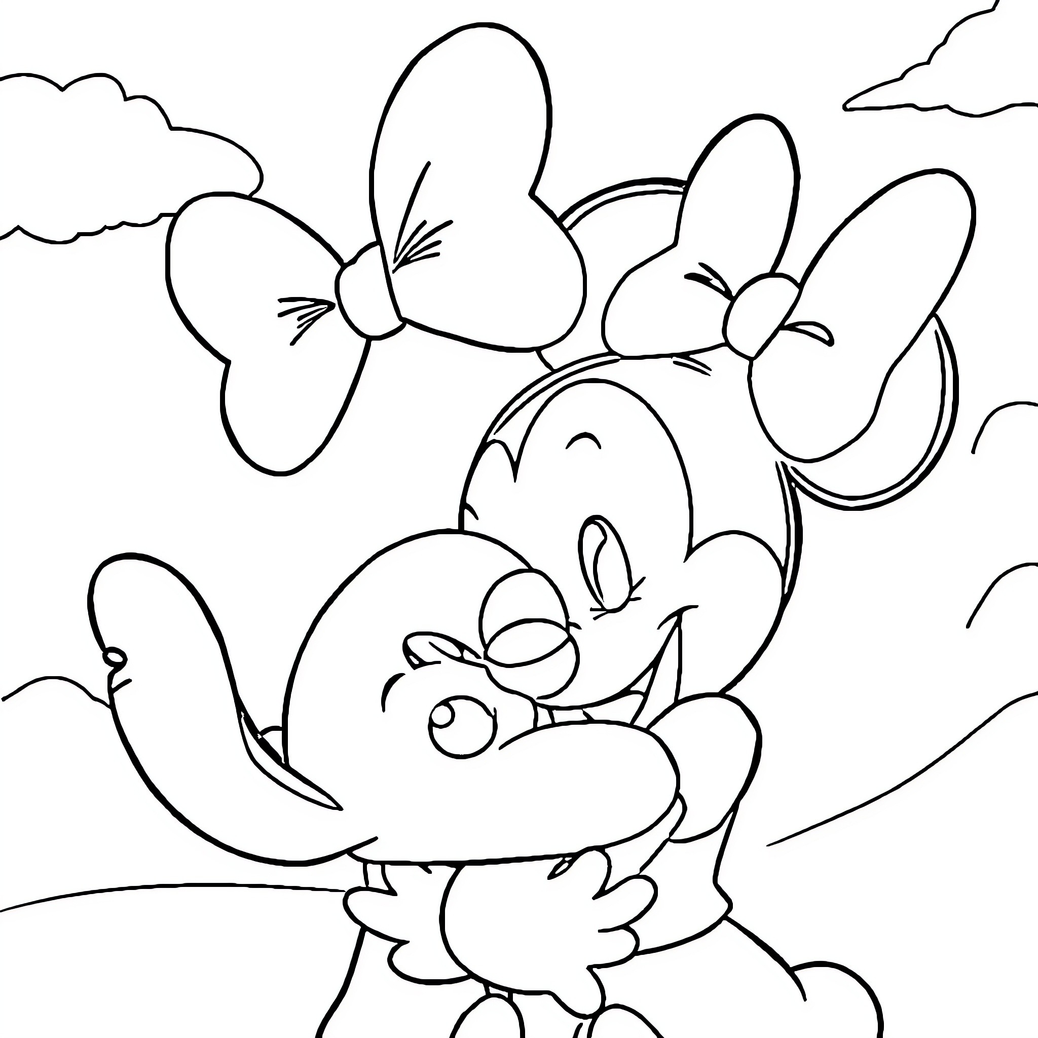 Minnie Mouse in a playful outdoor scene Coloring Page (free black-and-white line drawing printable PDF for all, from beginners to advanced learners, including children, teens, adults, and seniors)