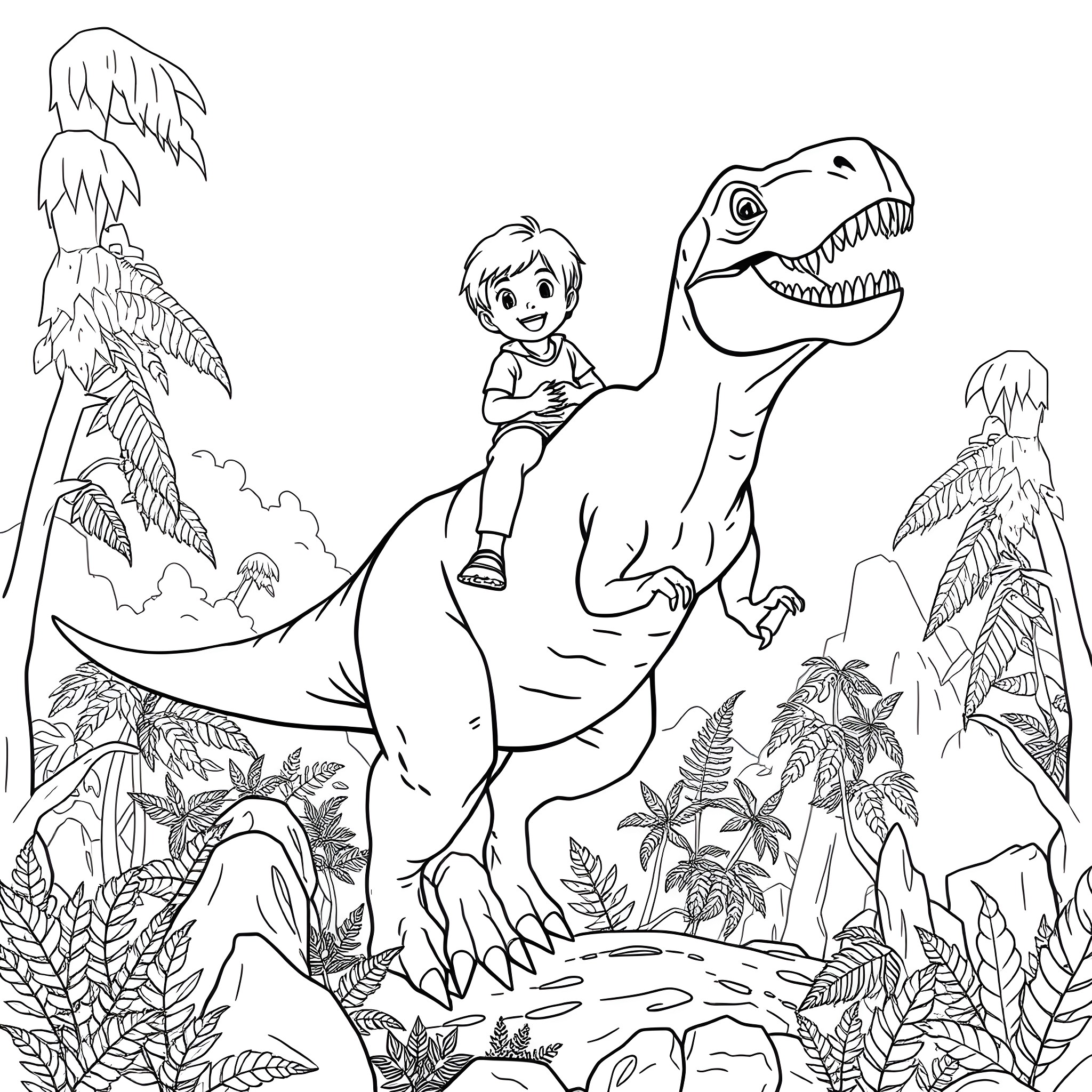 T-Rex Roaming the Prehistoric Landscape Coloring Page (free black-and-white line drawing printable PDF for all, from beginners to advanced learners, including children, teens, adults, and seniors)