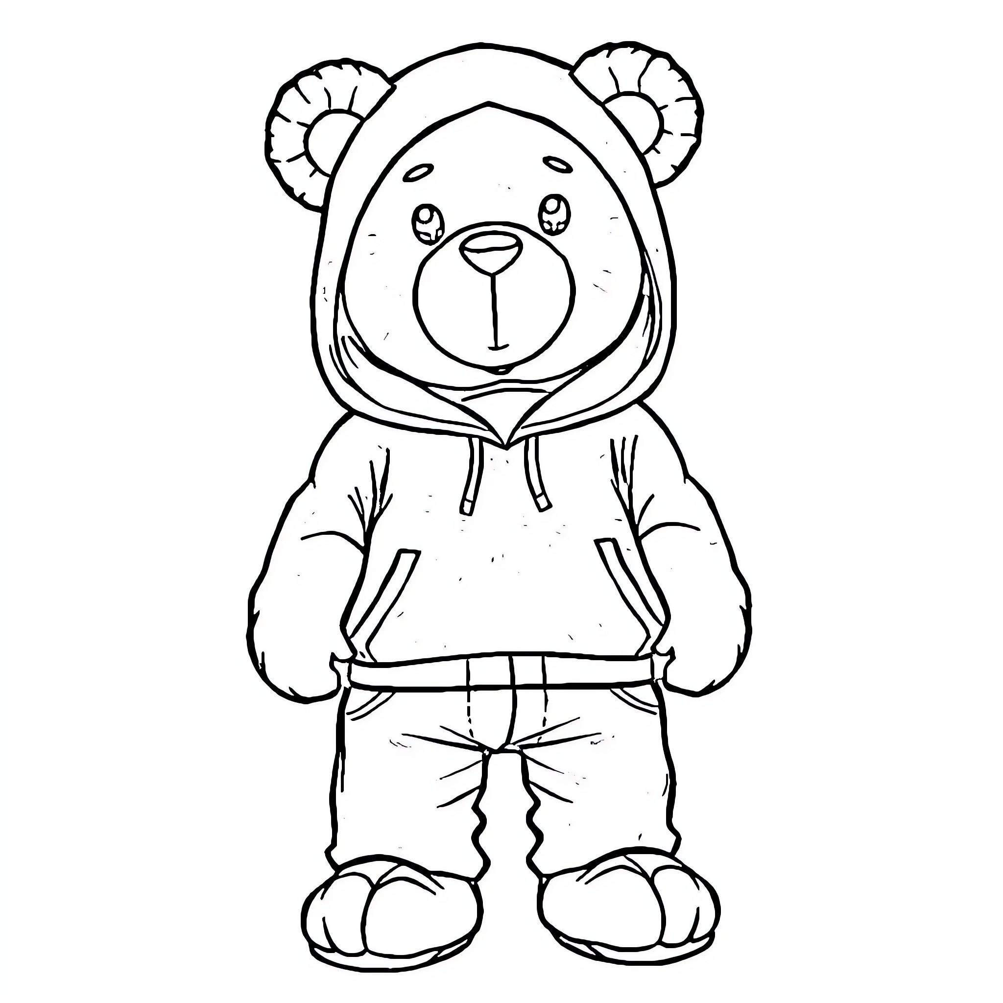Bear wearing a hooded sweater Coloring Page (free black-and-white line drawing printable PDF for all, from beginners to advanced learners, including children, teens, adults, and seniors)