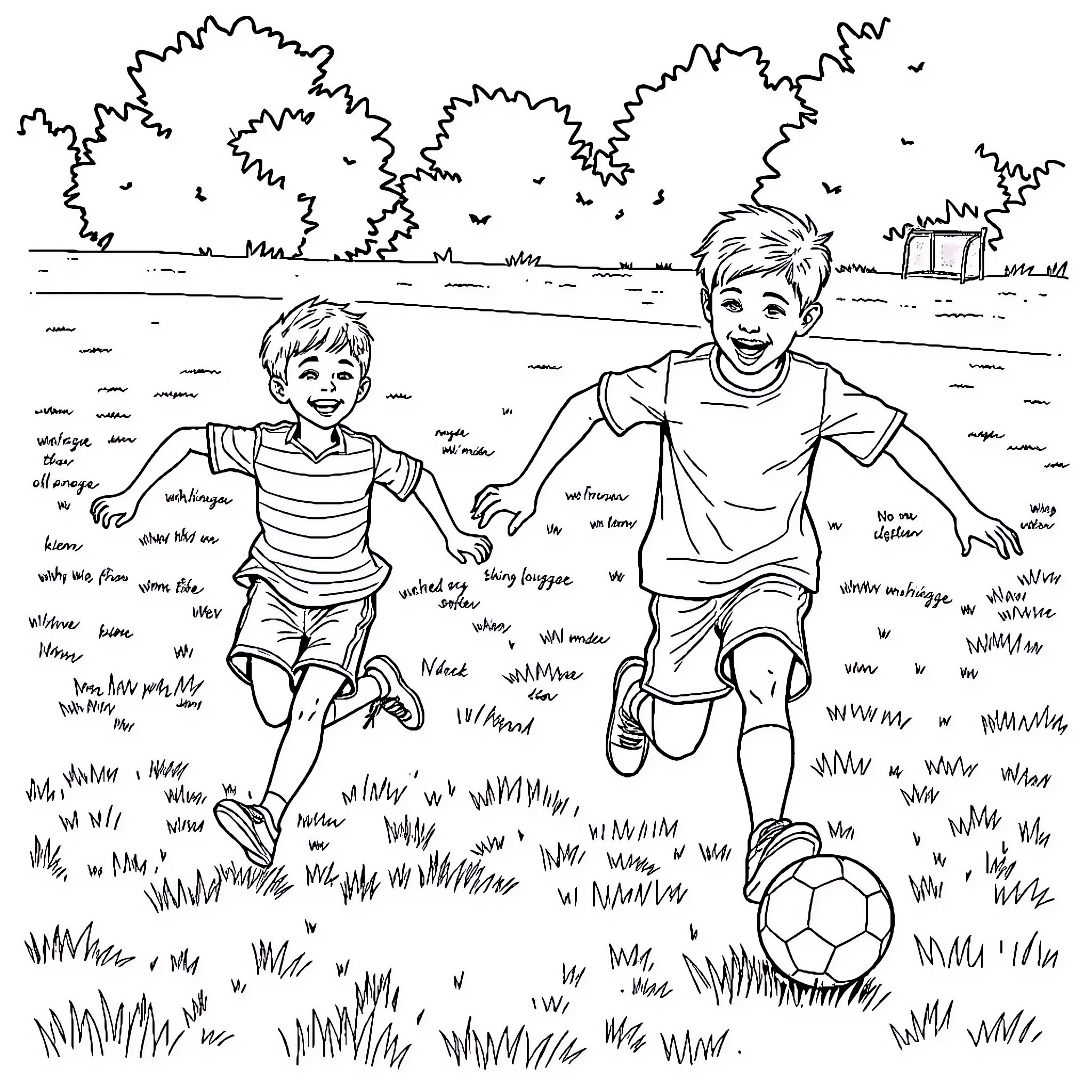 Boys running and playing with soccer ball in the park Coloring Page (free black-and-white line drawing printable PDF for all, from beginners to advanced learners, including children, teens, adults, and seniors)