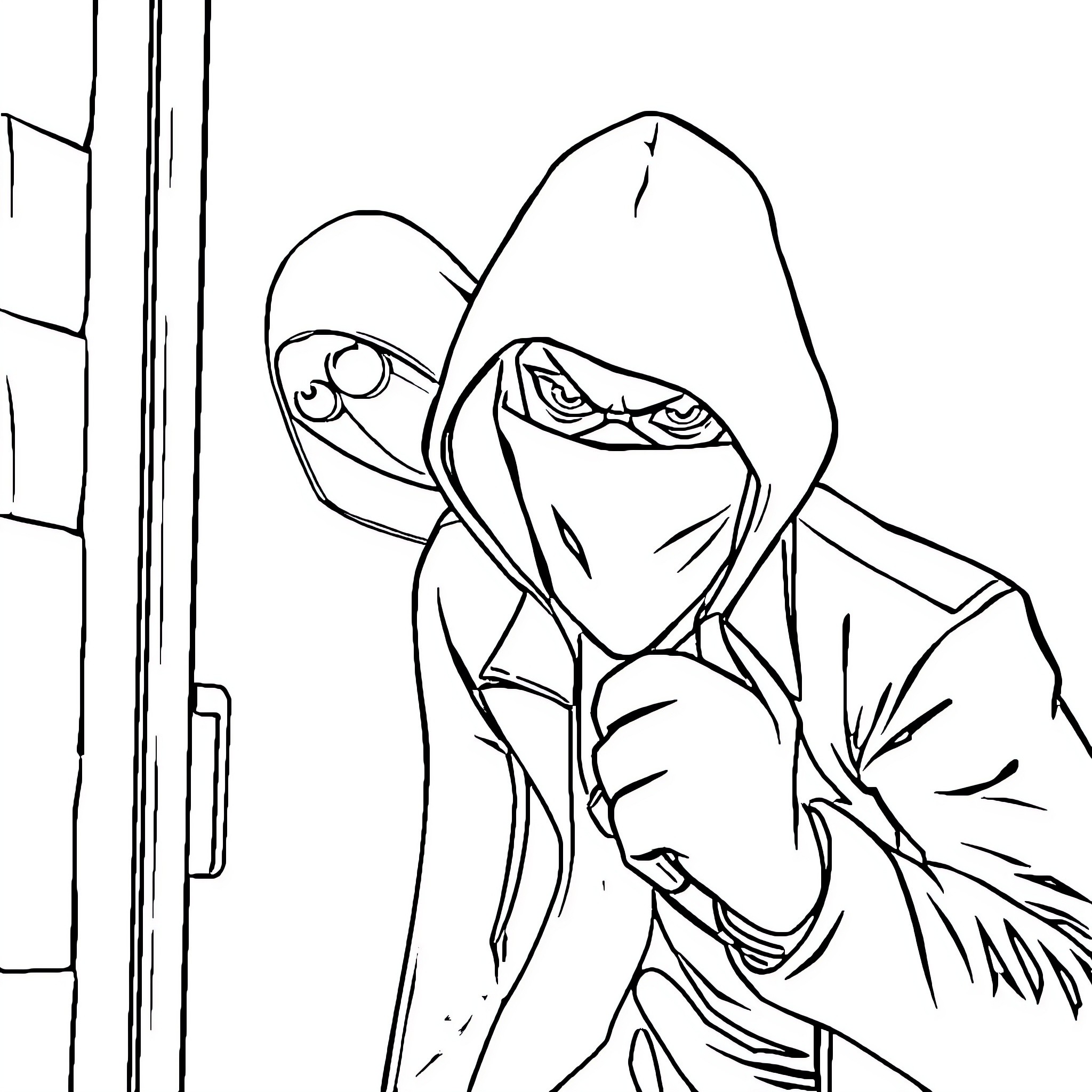 Burglar sneaking into a building Coloring Page (free black-and-white line drawing printable PDF for all, from beginners to advanced learners, including children, teens, adults, and seniors)