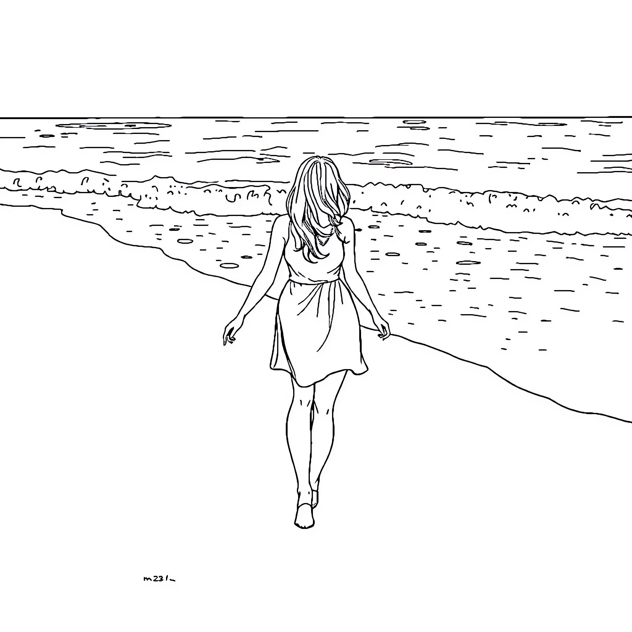 Woman walking along the peaceful beach Coloring Page (free black-and-white line drawing printable PDF for all, from beginners to advanced learners, including children, teens, adults, and seniors)