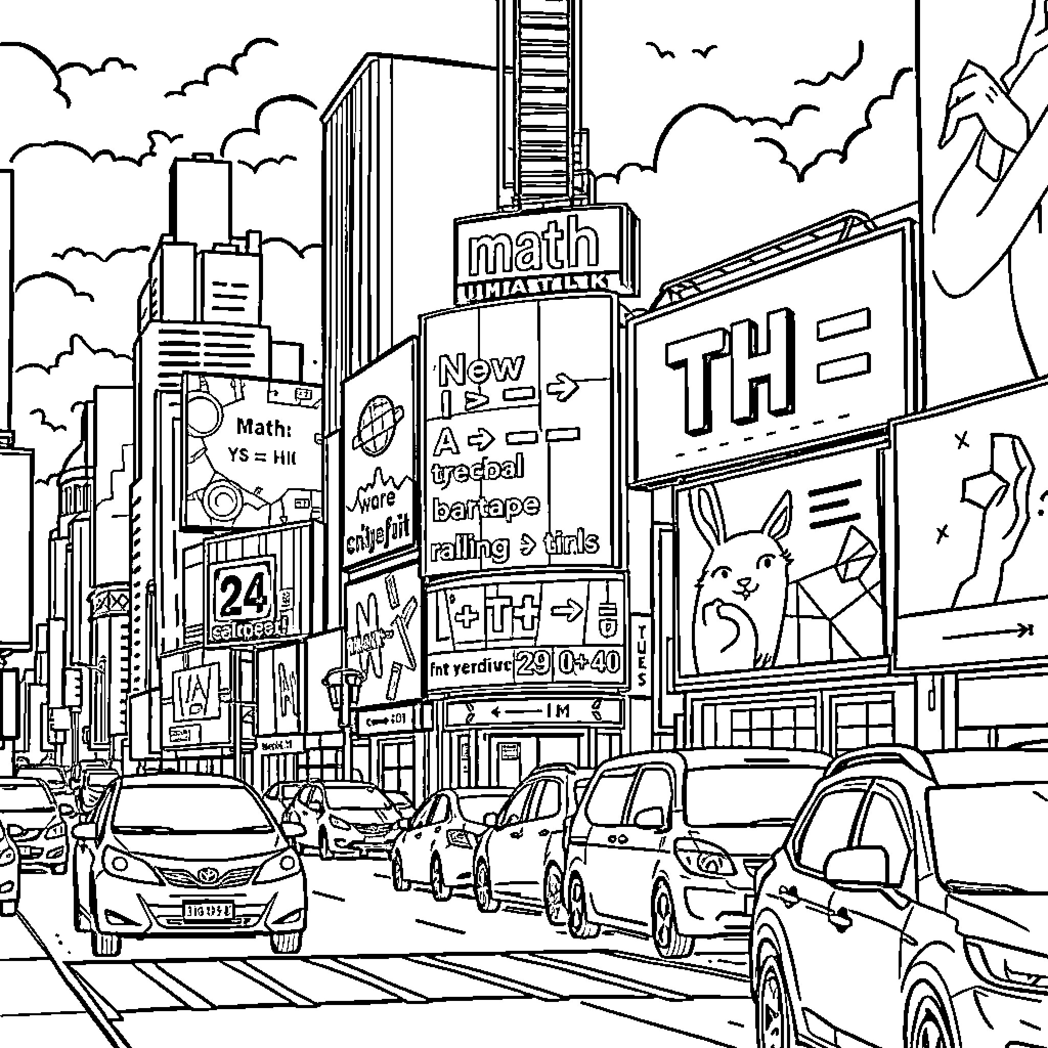 Math lesson in the city Coloring Page (free black-and-white line drawing printable PDF for all, from beginners to advanced learners, including children, teens, adults, and seniors)