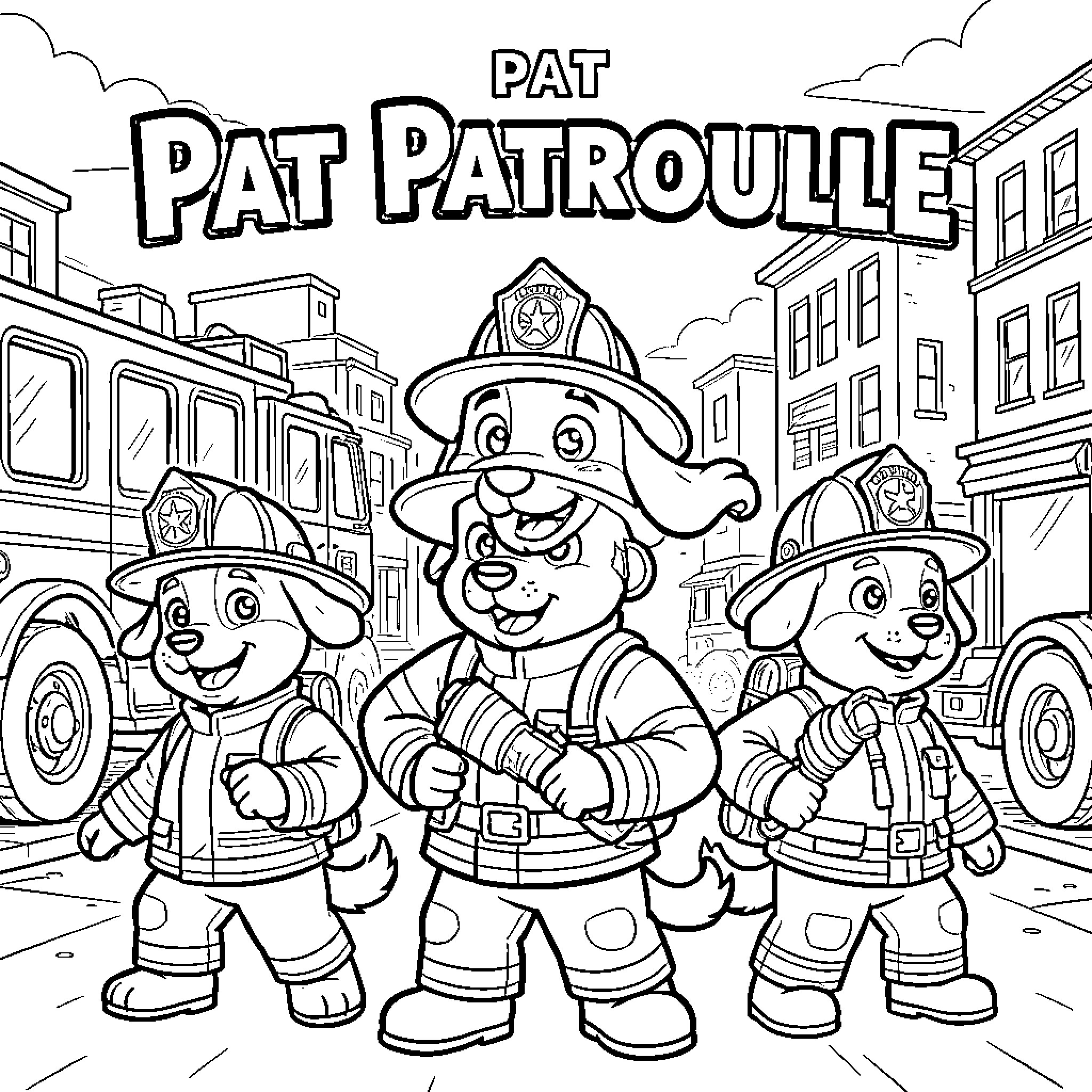 Paw Patrol pups wearing firefighter outfits and smiling Coloring Page (free black-and-white line drawing printable PDF for all, from beginners to advanced learners, including children, teens, adults, and seniors)