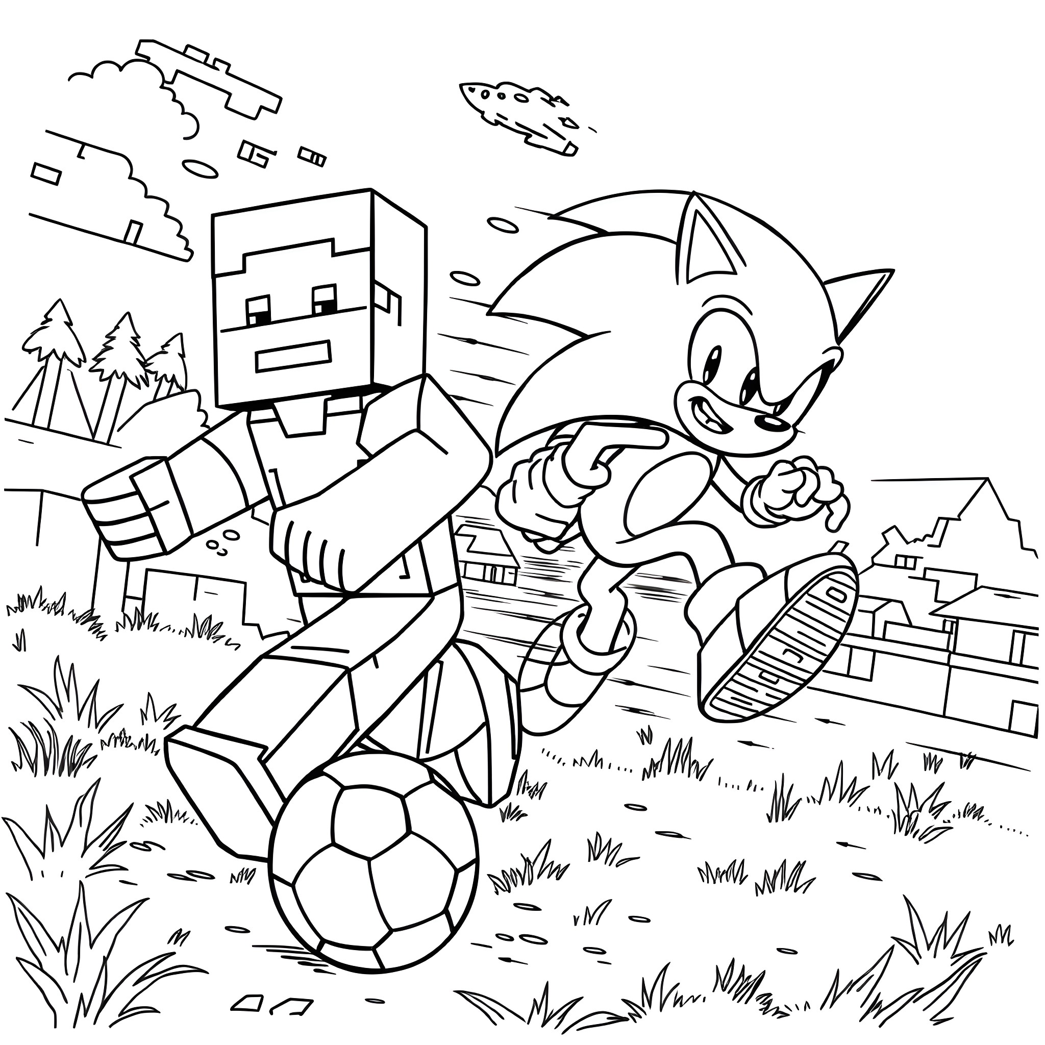 Minecraft character playing soccer with Sonic the Hedgehog Coloring Page (free black-and-white line drawing printable PDF for all, from beginners to advanced learners, including children, teens, adults, and seniors)
