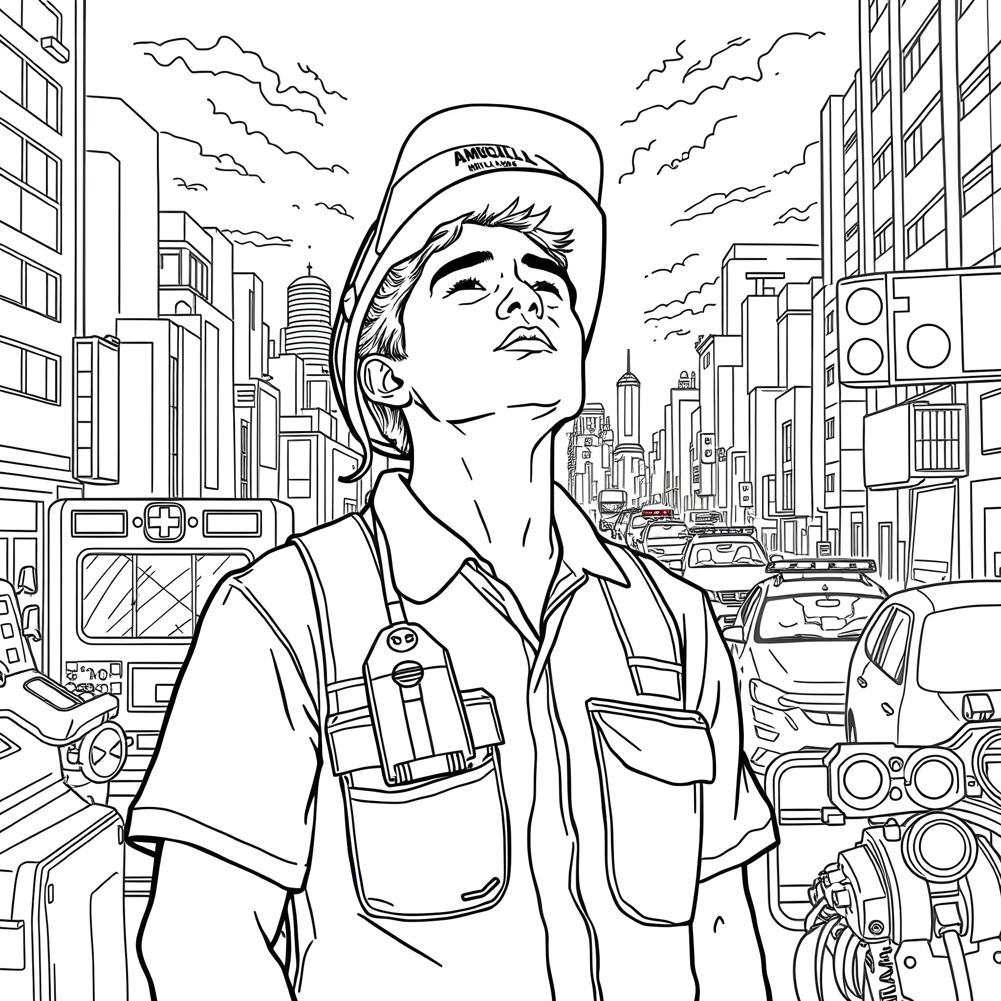 Ambulance Worker in Busy City Rescue Scene Coloring Page (free black-and-white line drawing printable PDF for all, from beginners to advanced learners, including children, teens, adults, and seniors)