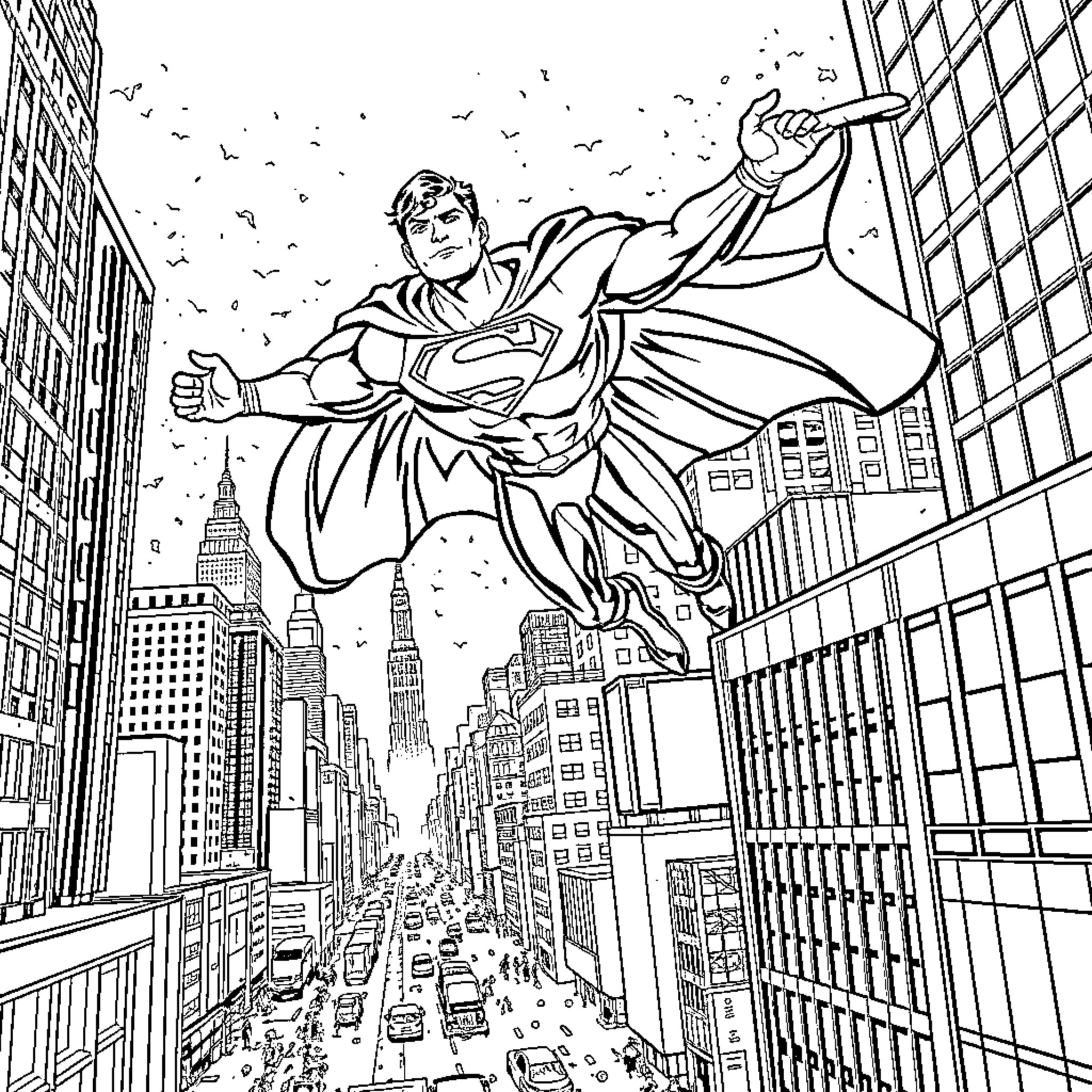 Superman soaring through the city skyline Coloring Page (free black-and-white line drawing printable PDF for all, from beginners to advanced learners, including children, teens, adults, and seniors)