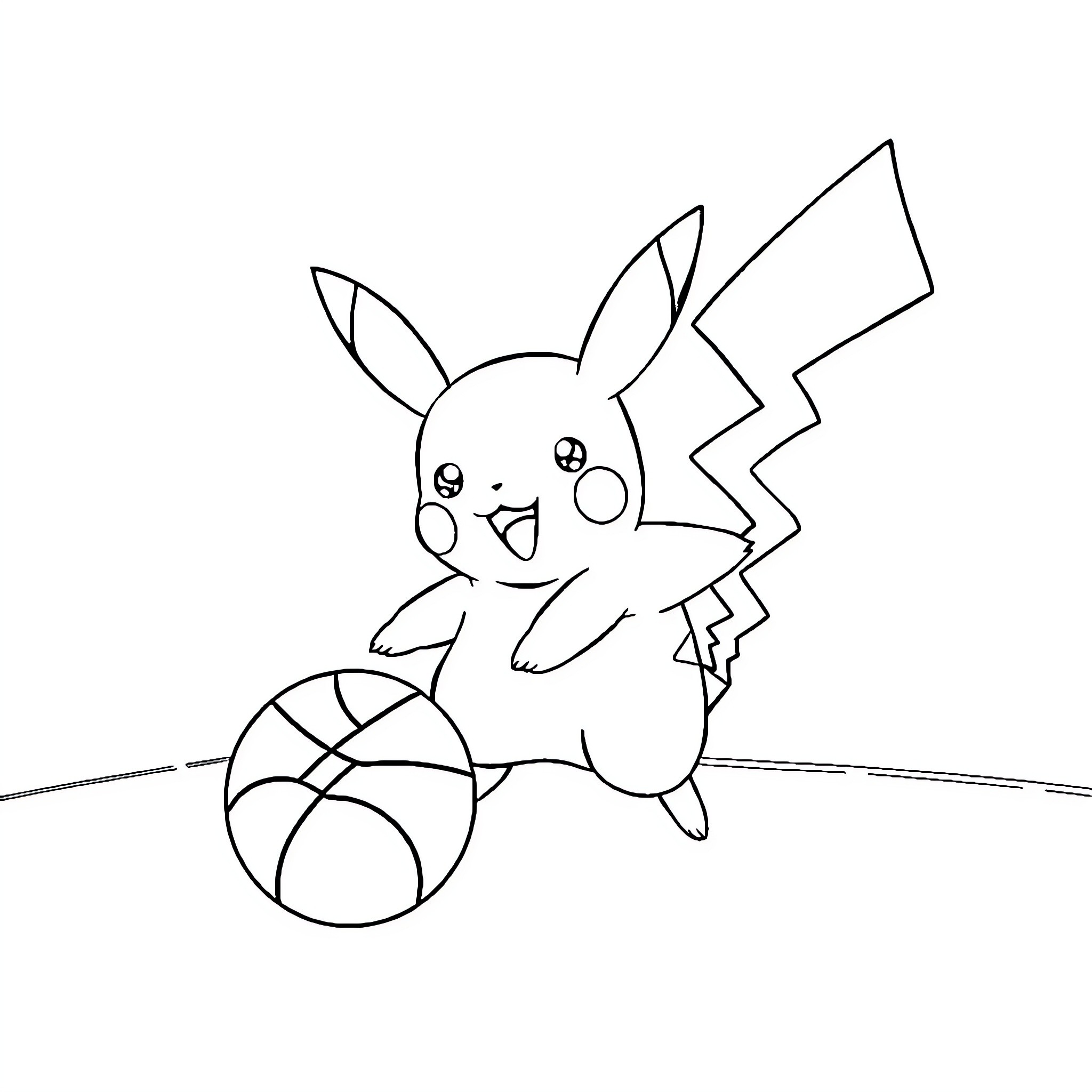 Pikachu playing joyfully with ball Coloring Page (free black-and-white line drawing printable PDF for all, from beginners to advanced learners, including children, teens, adults, and seniors)
