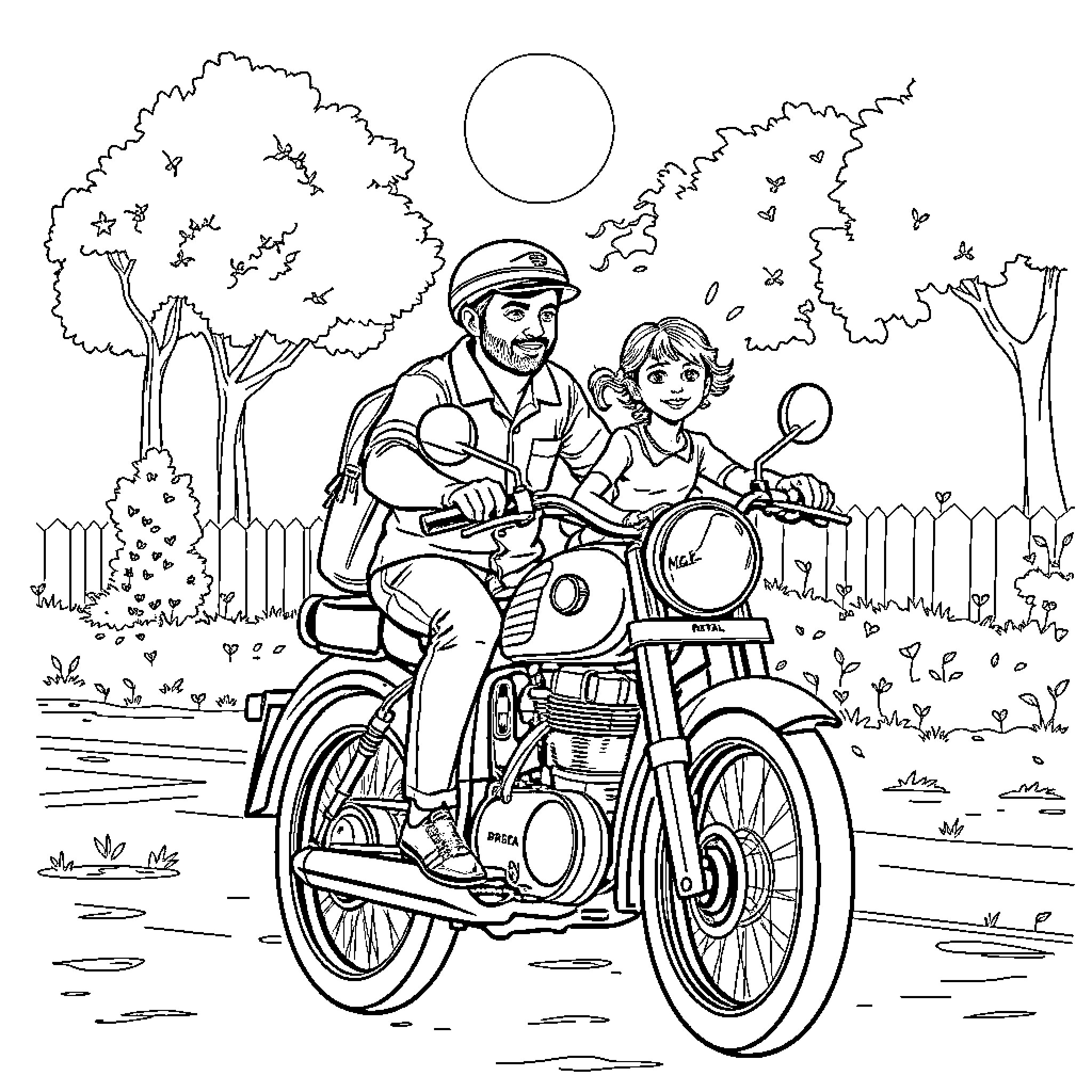 Bike ride through the park with family Coloring Page (free black-and-white line drawing printable PDF for all, from beginners to advanced learners, including children, teens, adults, and seniors)