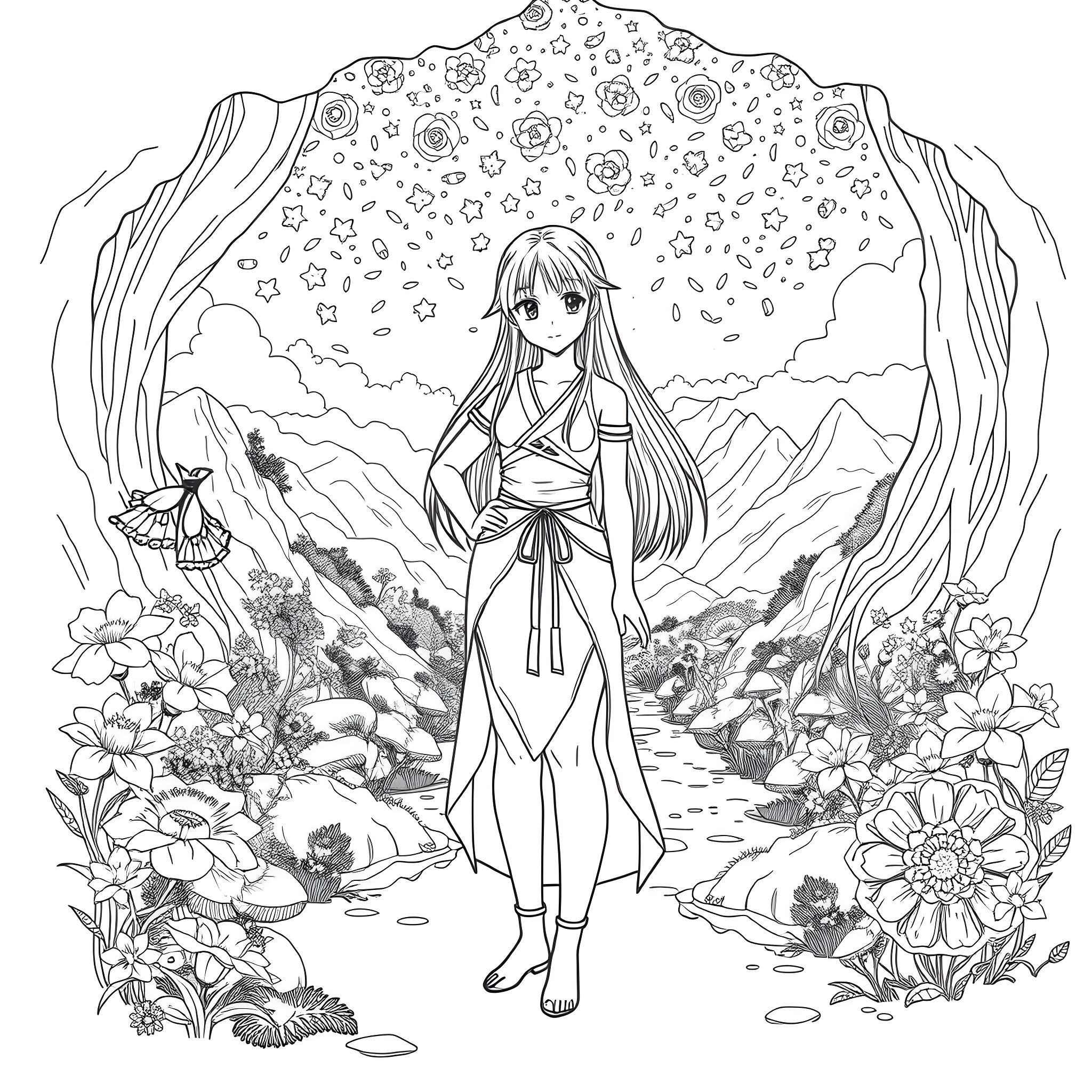 Hinata standing in the enchanting nature Coloring Page (free black-and-white line drawing printable PDF for all, from beginners to advanced learners, including children, teens, adults, and seniors)