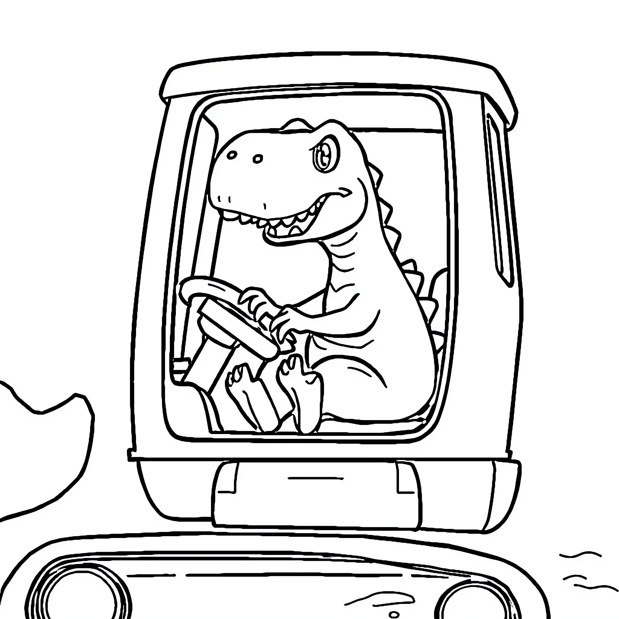 Dinosaur driving a car happily Coloring Page (free black-and-white line drawing printable PDF for all, from beginners to advanced learners, including children, teens, adults, and seniors)