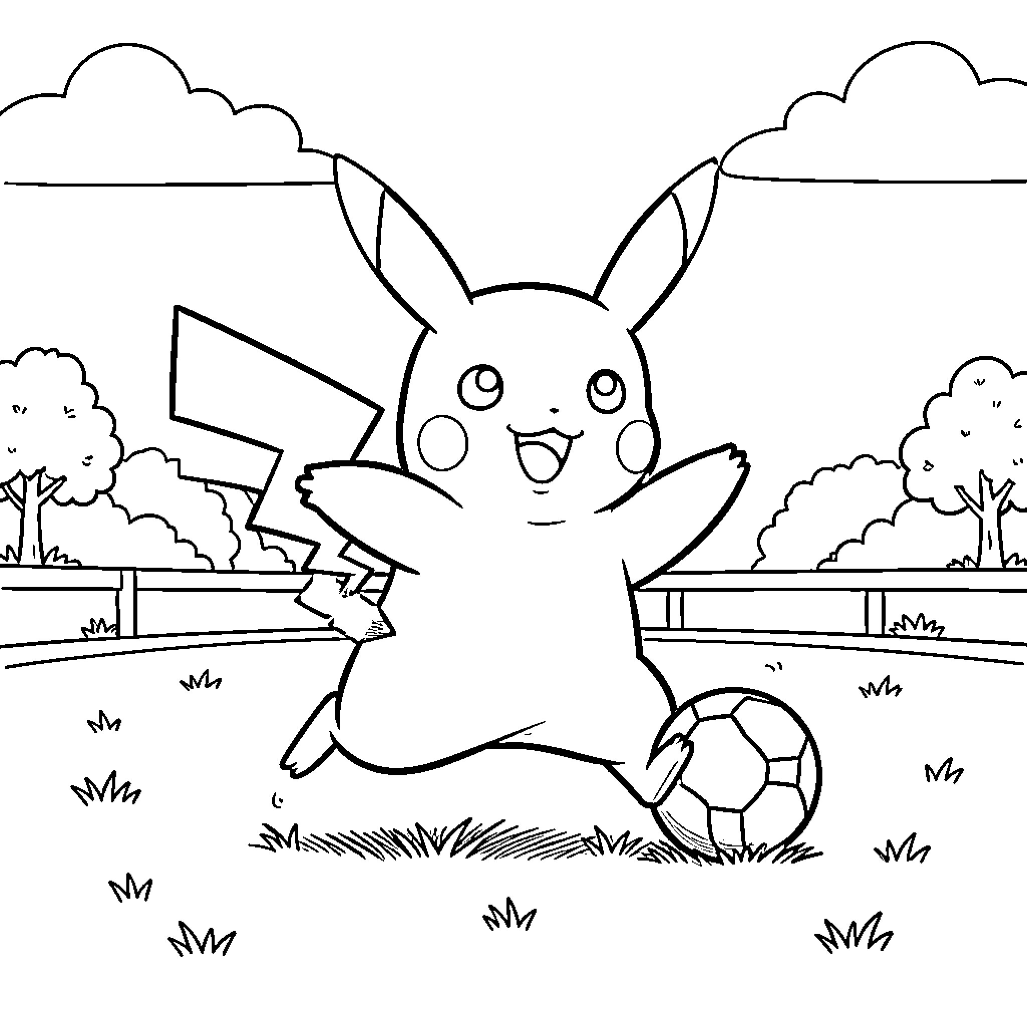 Pikachu playing happily with a soccer ball Coloring Page (free black-and-white line drawing printable PDF for all, from beginners to advanced learners, including children, teens, adults, and seniors)