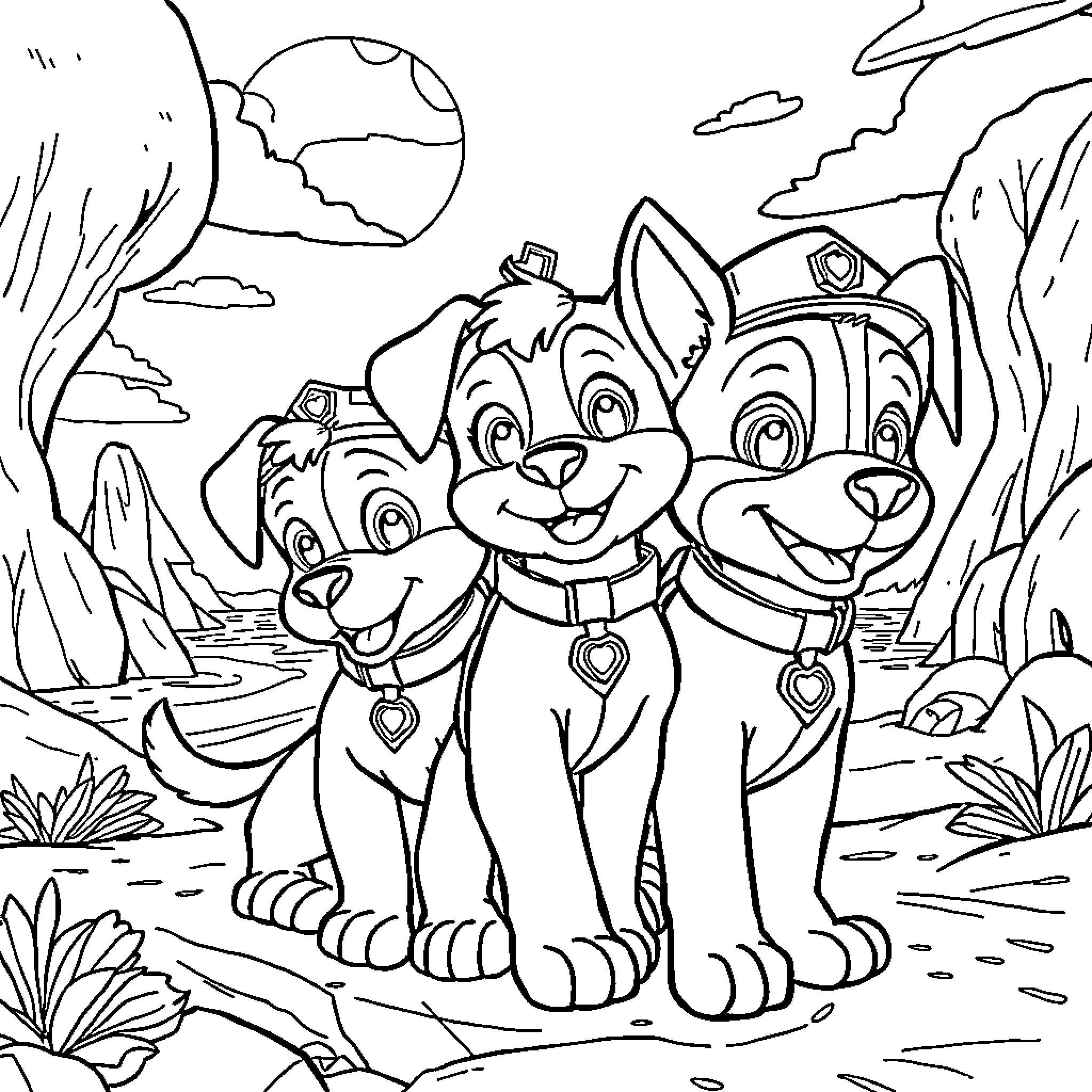 Paw Patrol Puppies in Nature Adventure Coloring Page (free black-and-white line drawing printable PDF for all, from beginners to advanced learners, including children, teens, adults, and seniors)