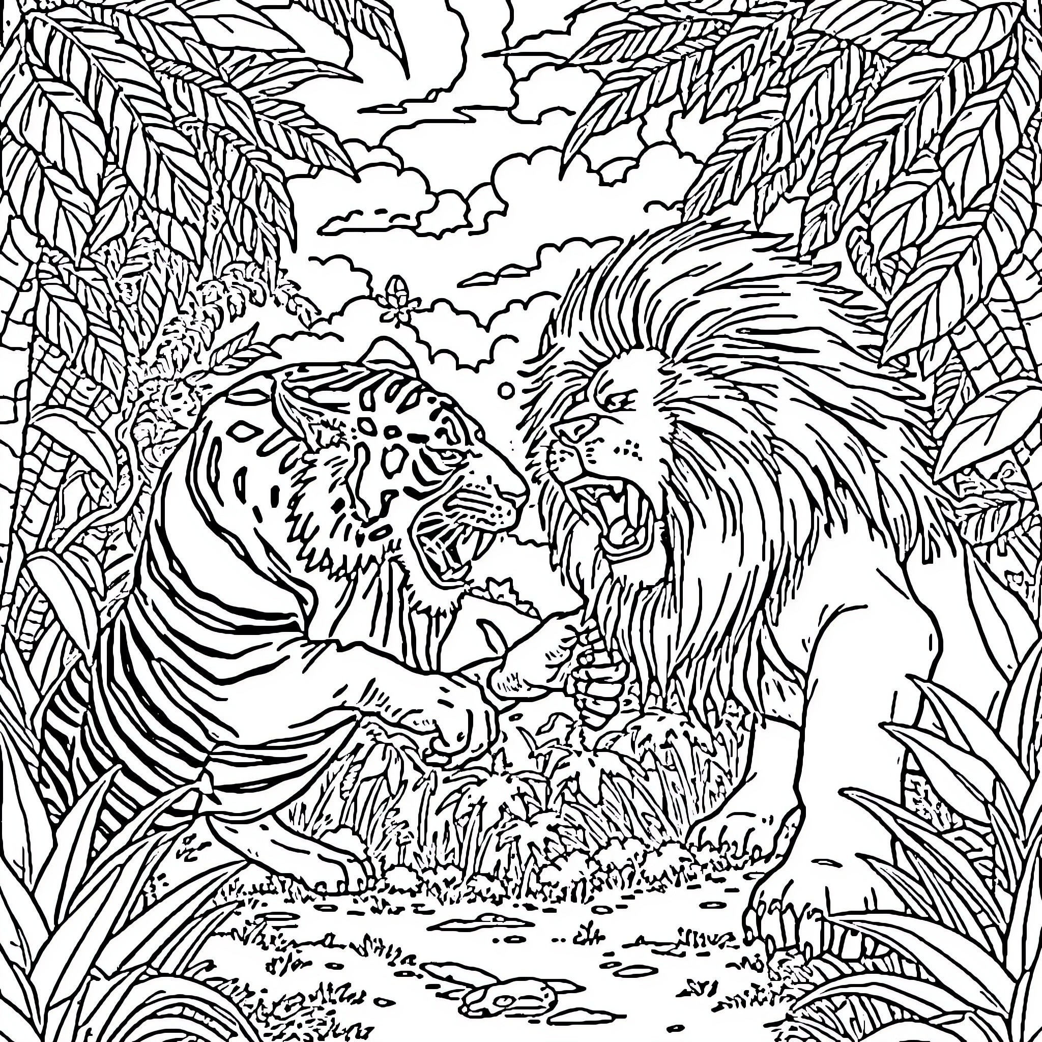 Tiger and Lion Confrontation in the Jungle Coloring Page (free black-and-white line drawing printable PDF for all, from beginners to advanced learners, including children, teens, adults, and seniors)