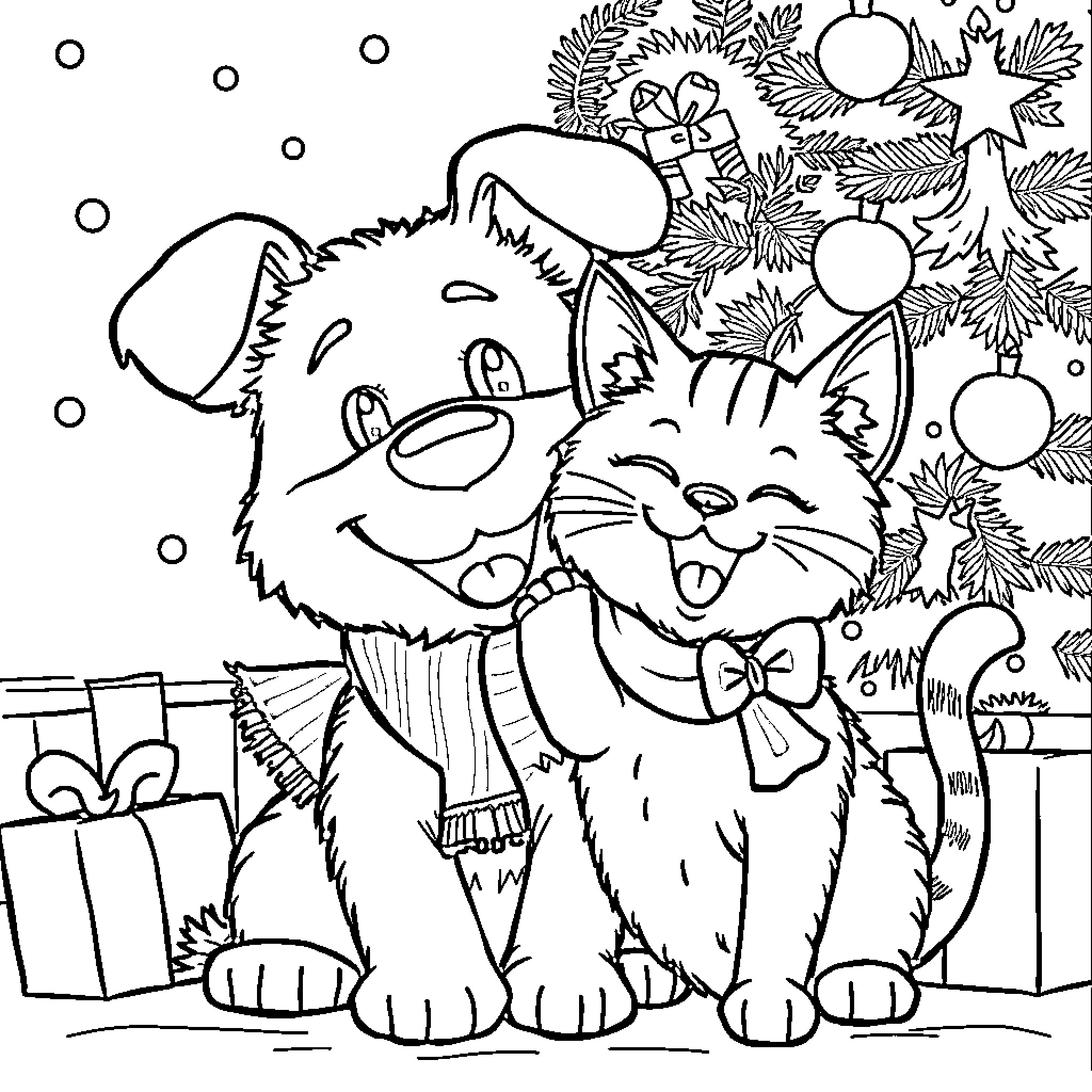Dog and Cat Celebrating Christmas Together Coloring Page (free black-and-white line drawing printable PDF for all, from beginners to advanced learners, including children, teens, adults, and seniors)