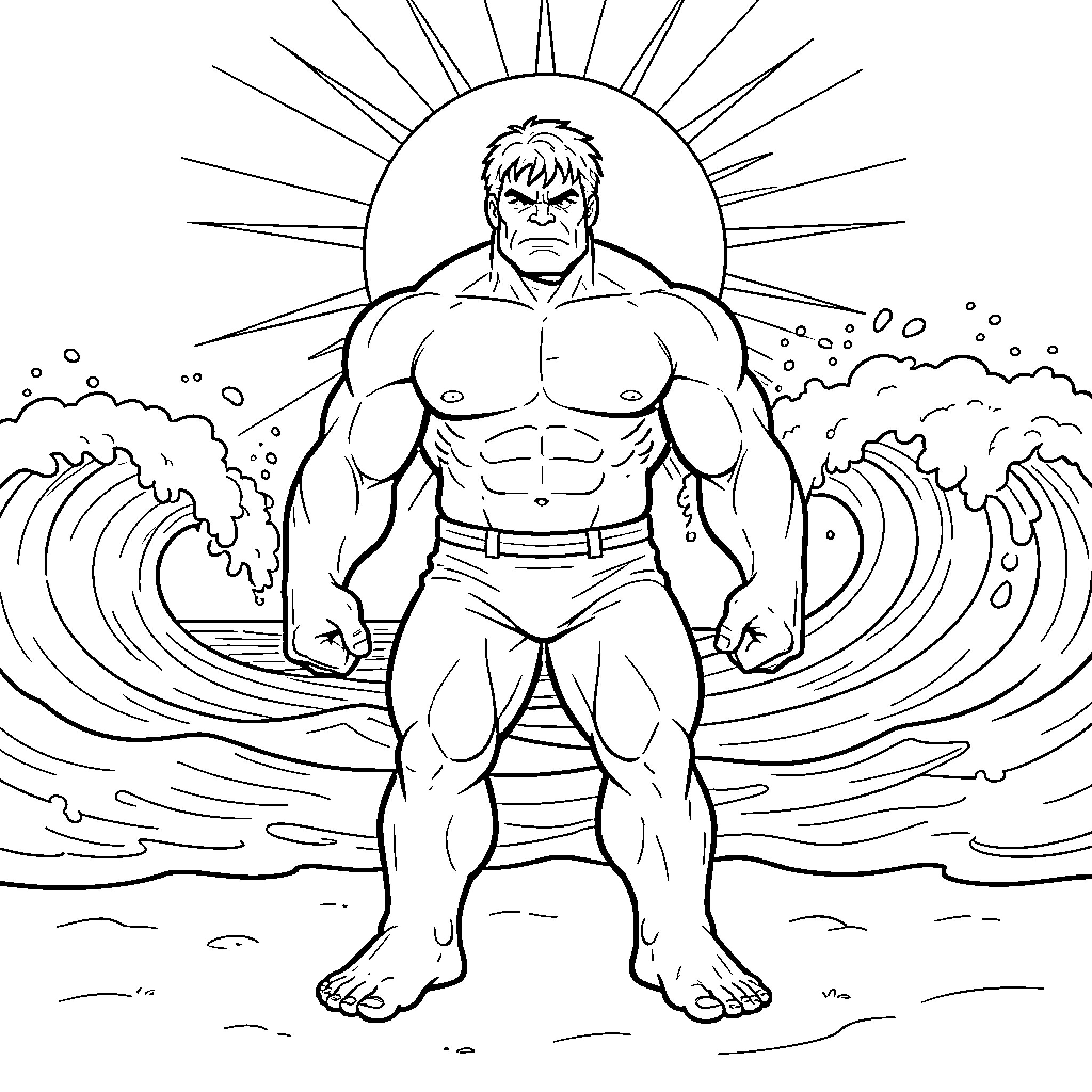 Hulk standing powerfully in front of ocean waves Coloring Page (free black-and-white line drawing printable PDF for all, from beginners to advanced learners, including children, teens, adults, and seniors)