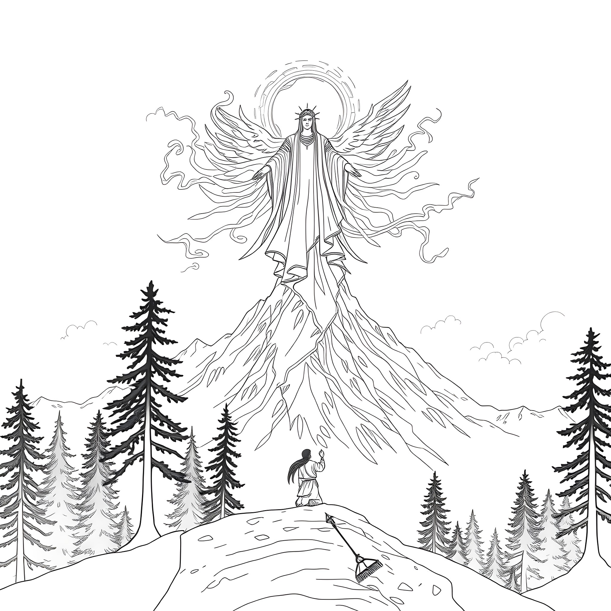 Spirit of the Mountain Appearing to the Traveler Coloring Page (free black-and-white line drawing printable PDF for all, from beginners to advanced learners, including children, teens, adults, and seniors)
