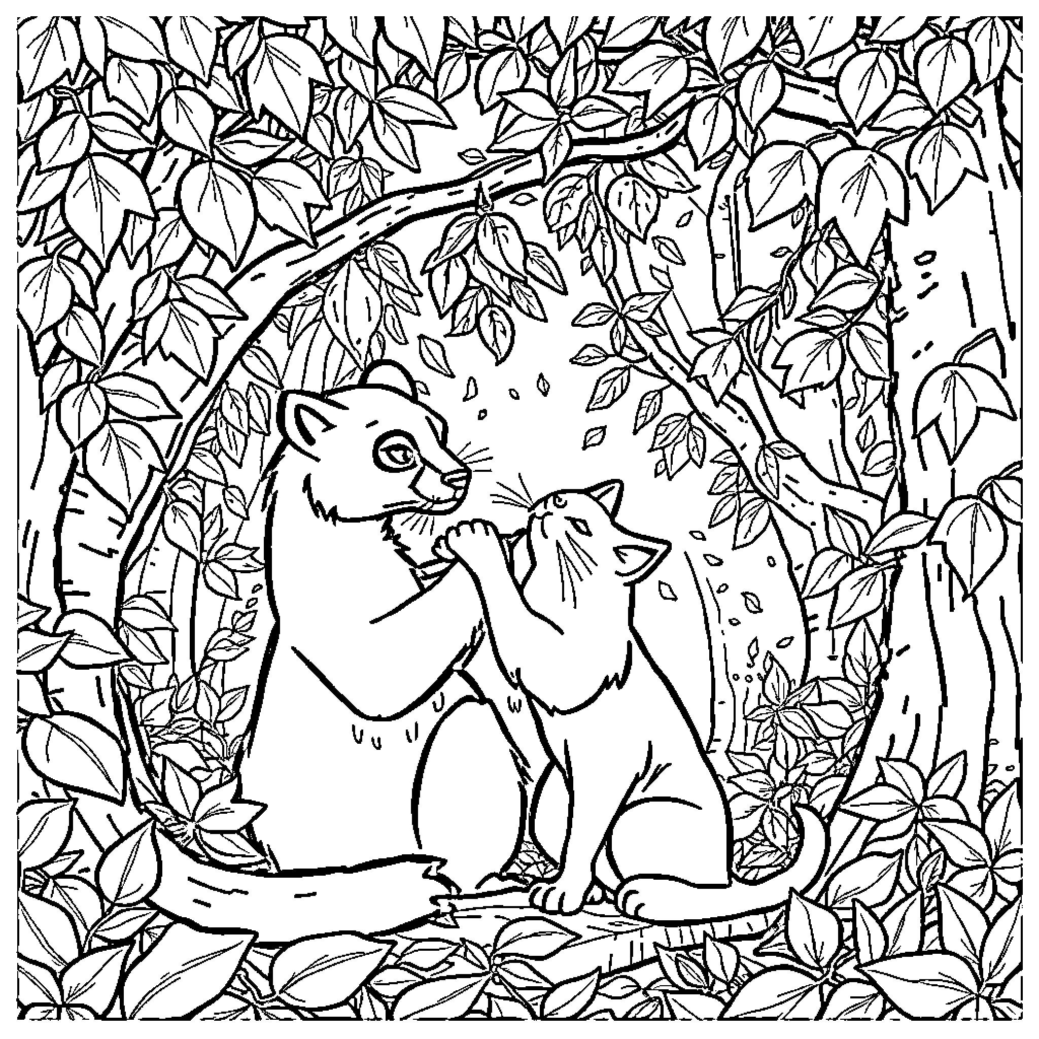 Dog playing in the forest with its puppies Coloring Page (free black-and-white line drawing printable PDF for all, from beginners to advanced learners, including children, teens, adults, and seniors)