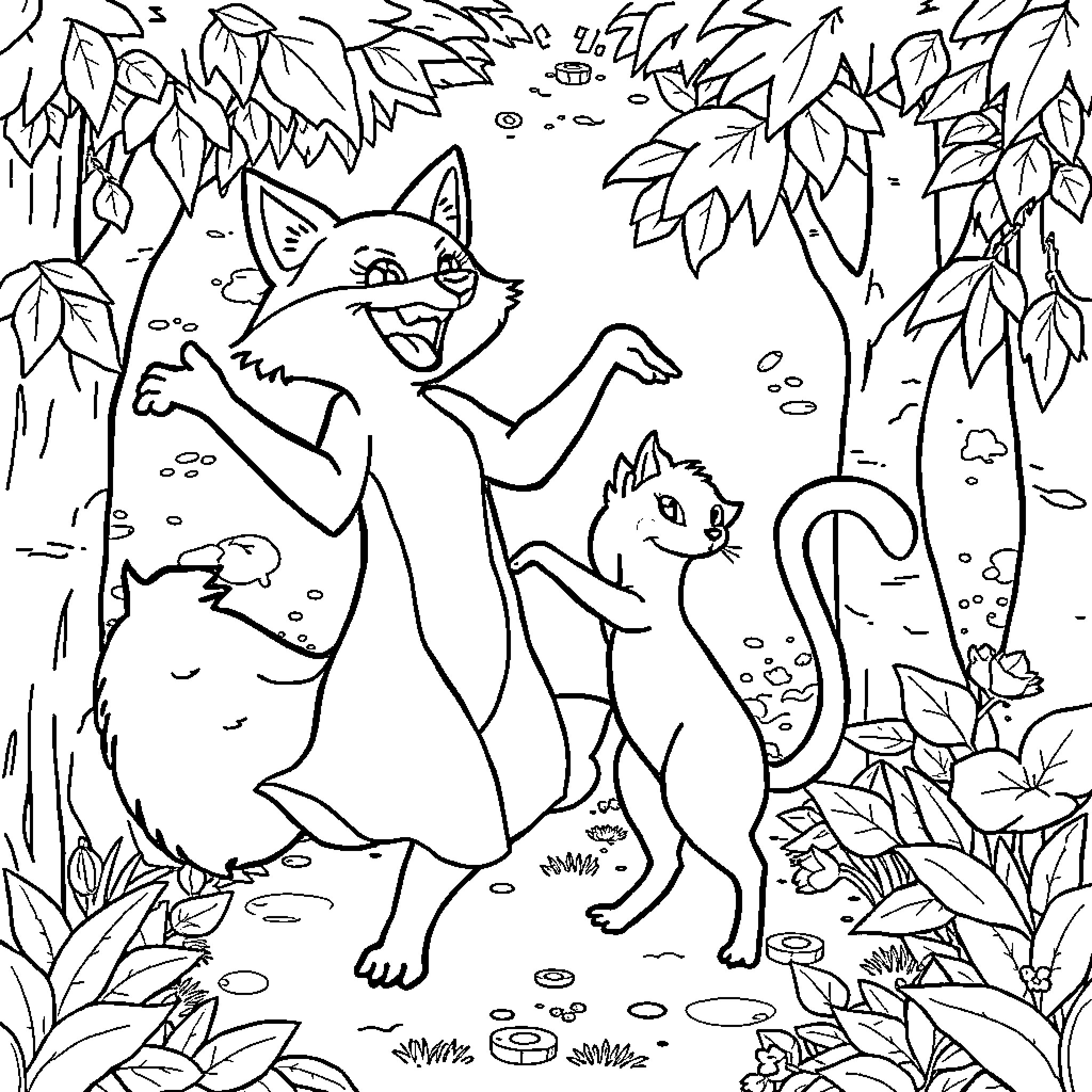 Cerdo Foxes Playing Playfully in the Forest Coloring Page (free black-and-white line drawing printable PDF for all, from beginners to advanced learners, including children, teens, adults, and seniors)