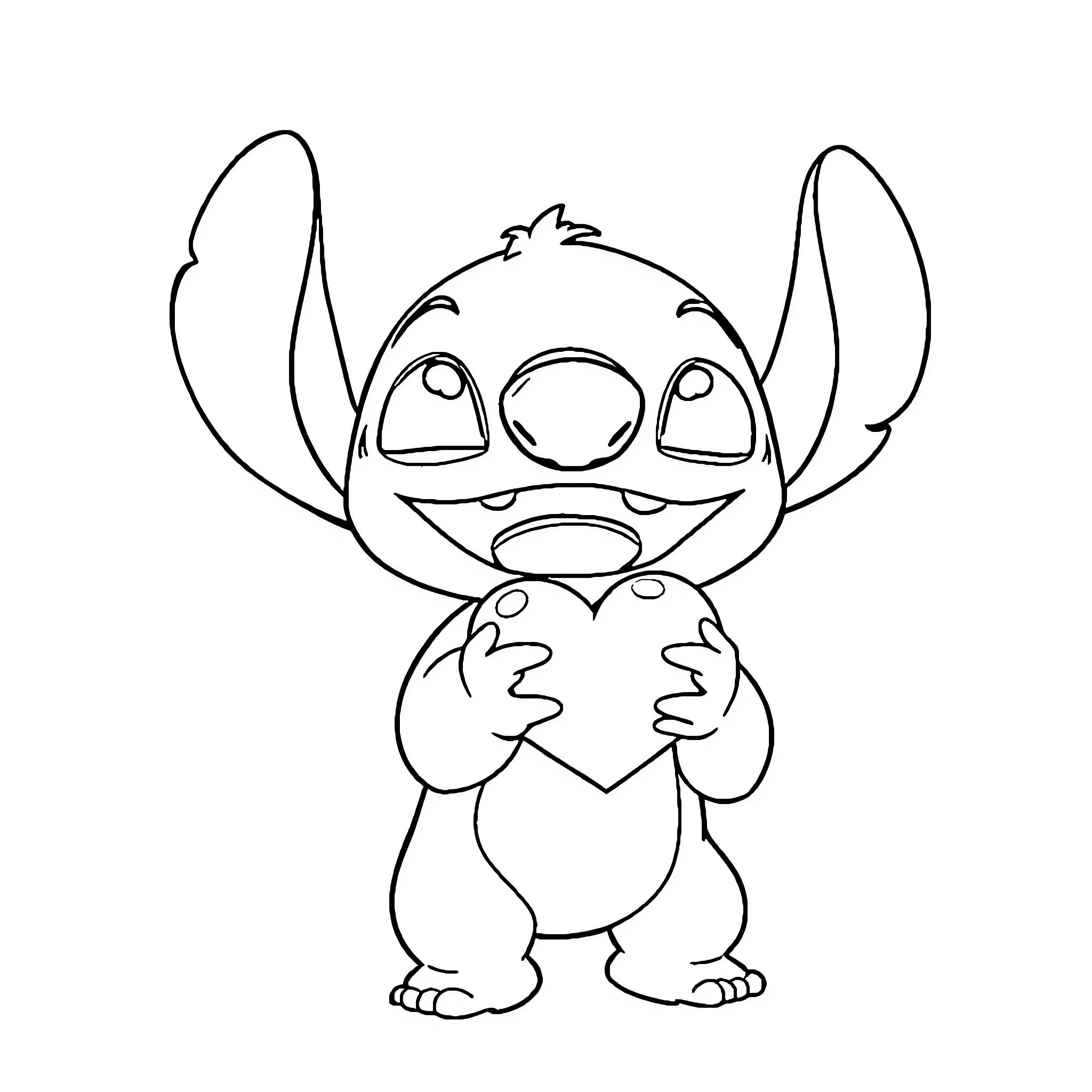 Stitch hugging a heart-shaped object Coloring Page (free black-and-white line drawing printable PDF for all, from beginners to advanced learners, including children, teens, adults, and seniors)