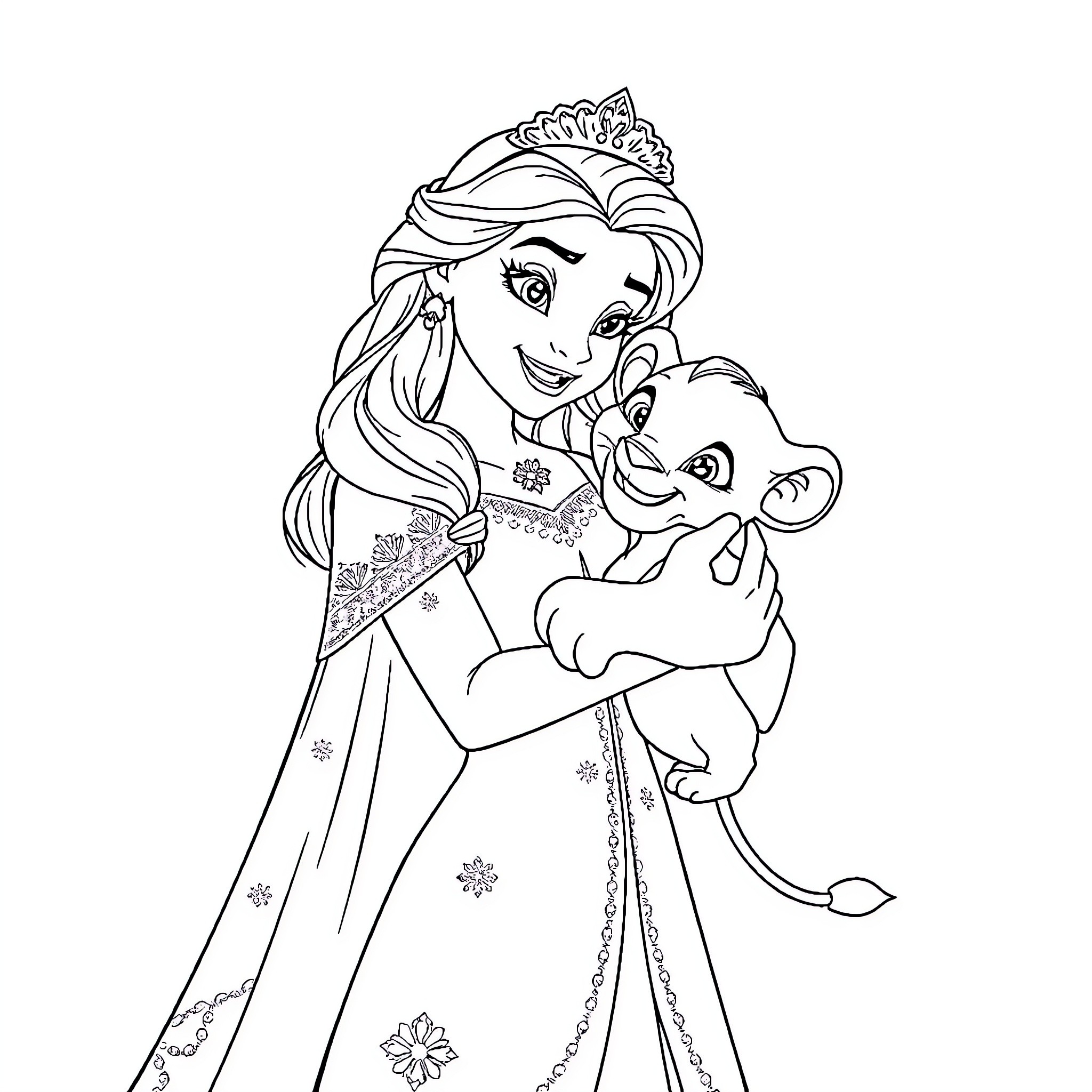 Snow Queen cradling a young companion Coloring Page (free black-and-white line drawing printable PDF for all, from beginners to advanced learners, including children, teens, adults, and seniors)