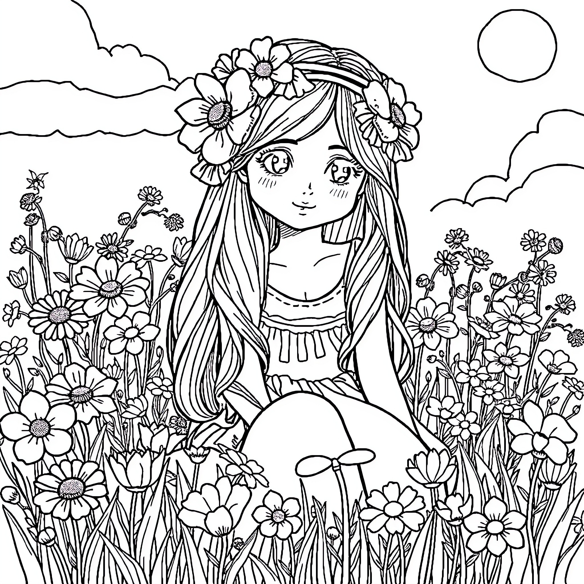 Girl surrounded by flowers in a meadow Coloring Page (free black-and-white line drawing printable PDF for all, from beginners to advanced learners, including children, teens, adults, and seniors)
