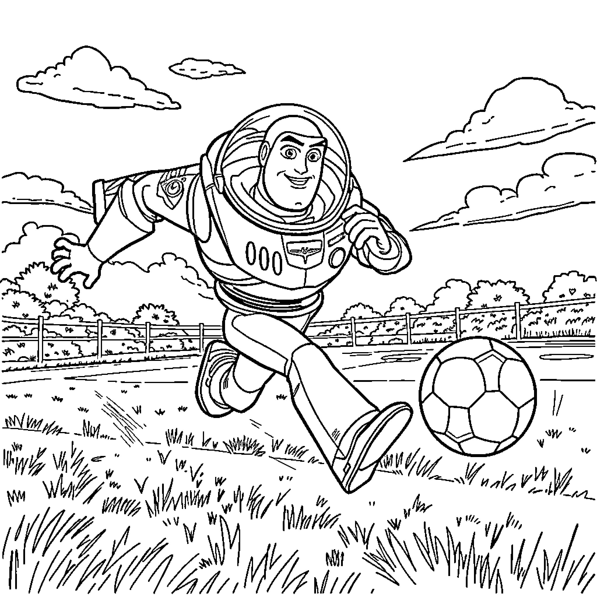 Buzz Lightyear playing with a soccer ball in a field Coloring Page (free black-and-white line drawing printable PDF for all, from beginners to advanced learners, including children, teens, adults, and seniors)