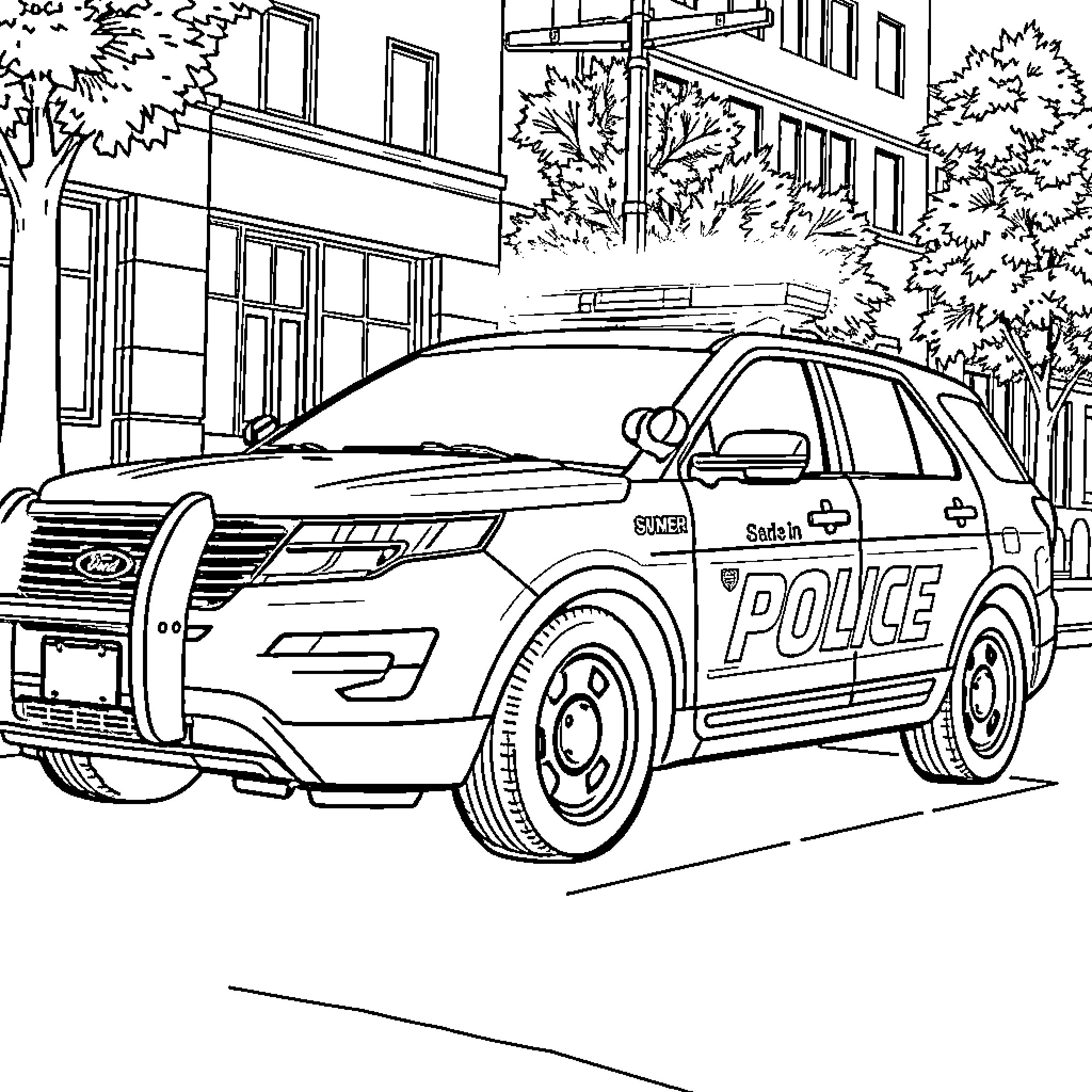 Police Car Responding to Emergency Call Coloring Page (free black-and-white line drawing printable PDF for all, from beginners to advanced learners, including children, teens, adults, and seniors)