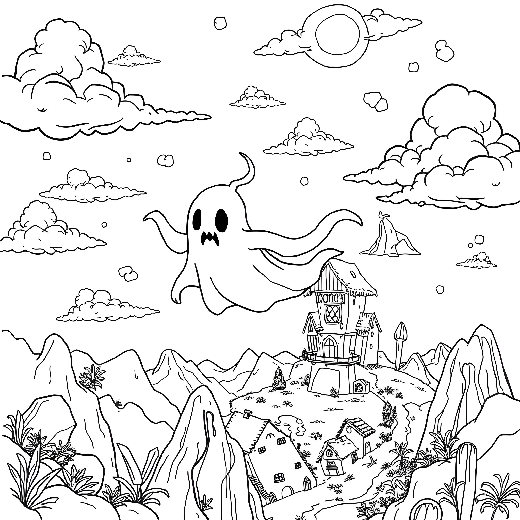 Ghast floating above a haunted village in the night Coloring Page (free black-and-white line drawing printable PDF for all, from beginners to advanced learners, including children, teens, adults, and seniors)