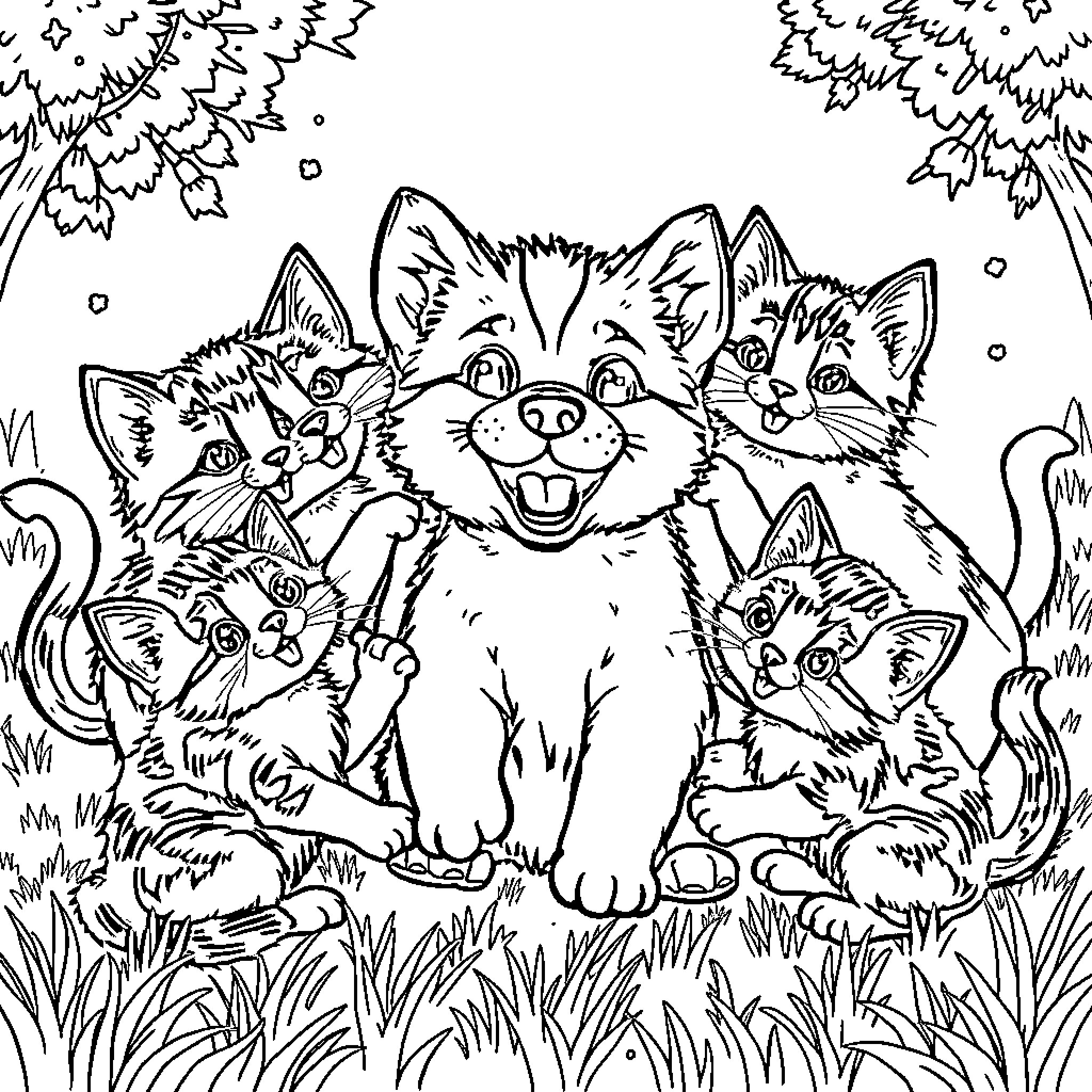 Cat family in nature scene Coloring Page (free black-and-white line drawing printable PDF for all, from beginners to advanced learners, including children, teens, adults, and seniors)