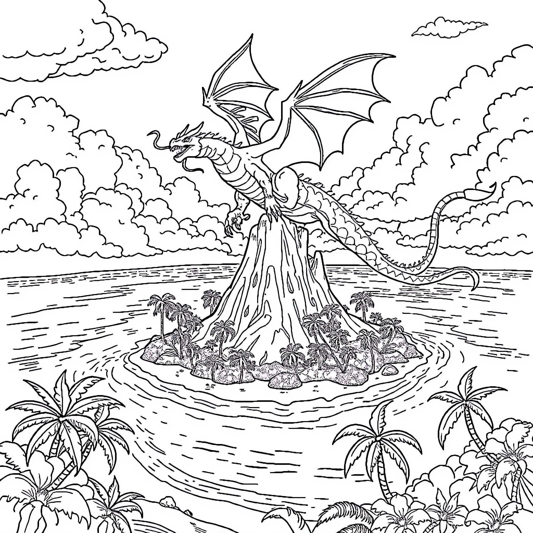 Dragon soaring majestically over tropical island Coloring Page (free black-and-white line drawing printable PDF for all, from beginners to advanced learners, including children, teens, adults, and seniors)