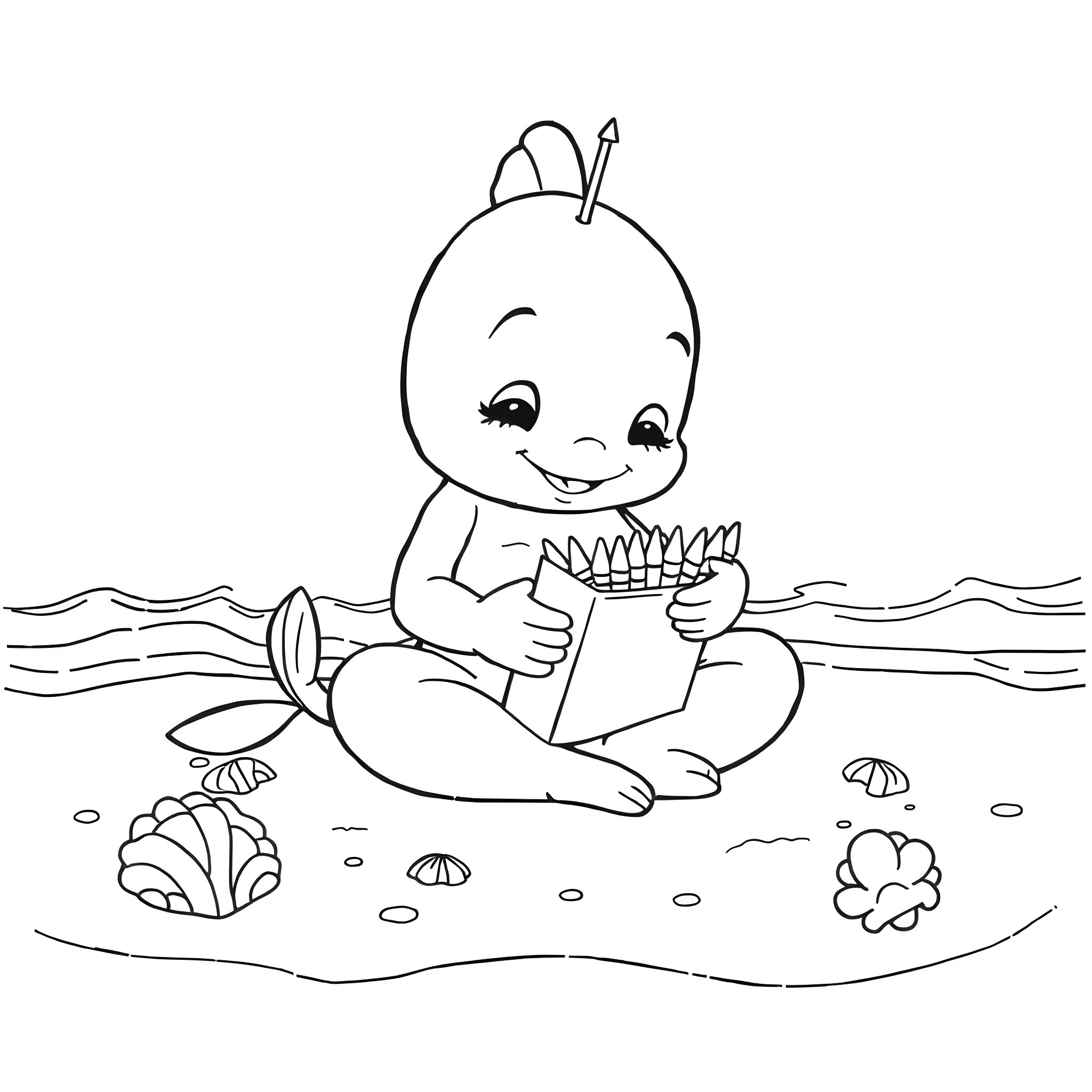 Marine creature playing with seashells Coloring Page (free black-and-white line drawing printable PDF for all, from beginners to advanced learners, including children, teens, adults, and seniors)