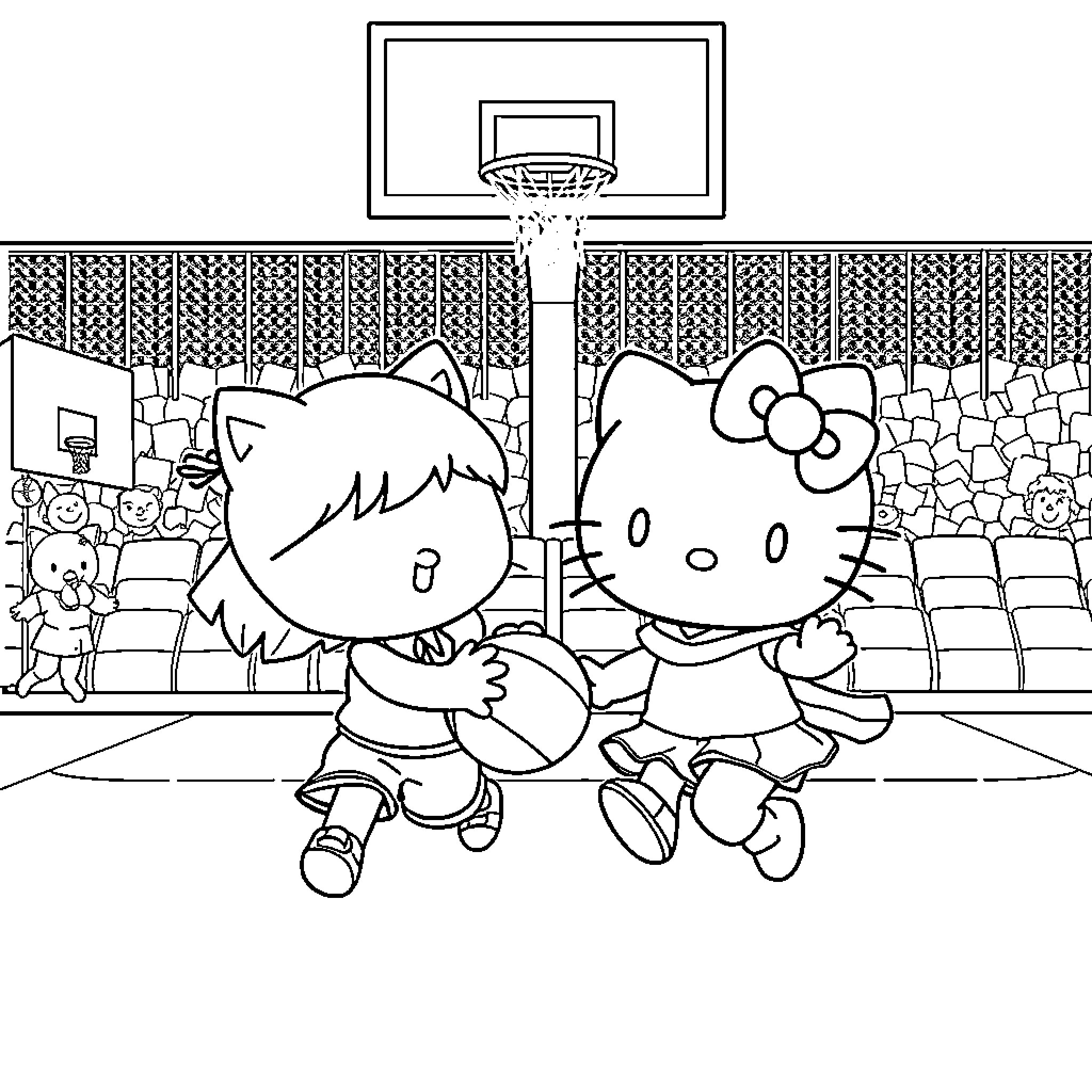 Hello Kitty and Friends Enjoying Basketball Game Coloring Page (free black-and-white line drawing printable PDF for all, from beginners to advanced learners, including children, teens, adults, and seniors)