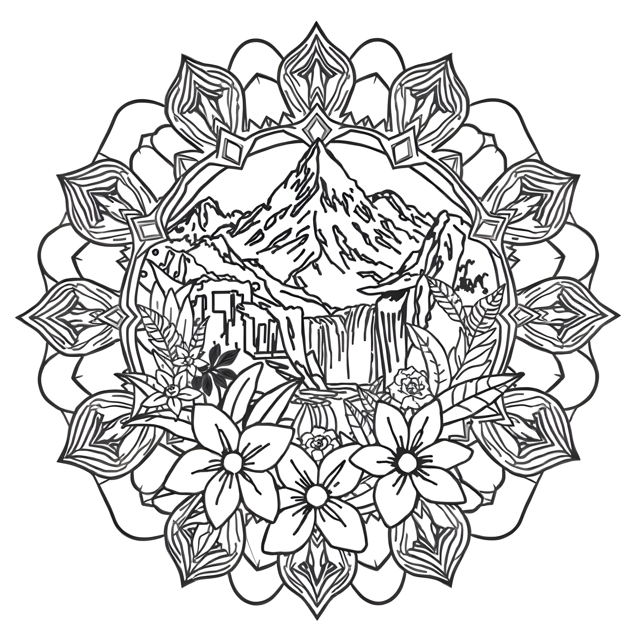 Mandala with nature scenery and flowers Coloring Page (free black-and-white line drawing printable PDF for all, from beginners to advanced learners, including children, teens, adults, and seniors)