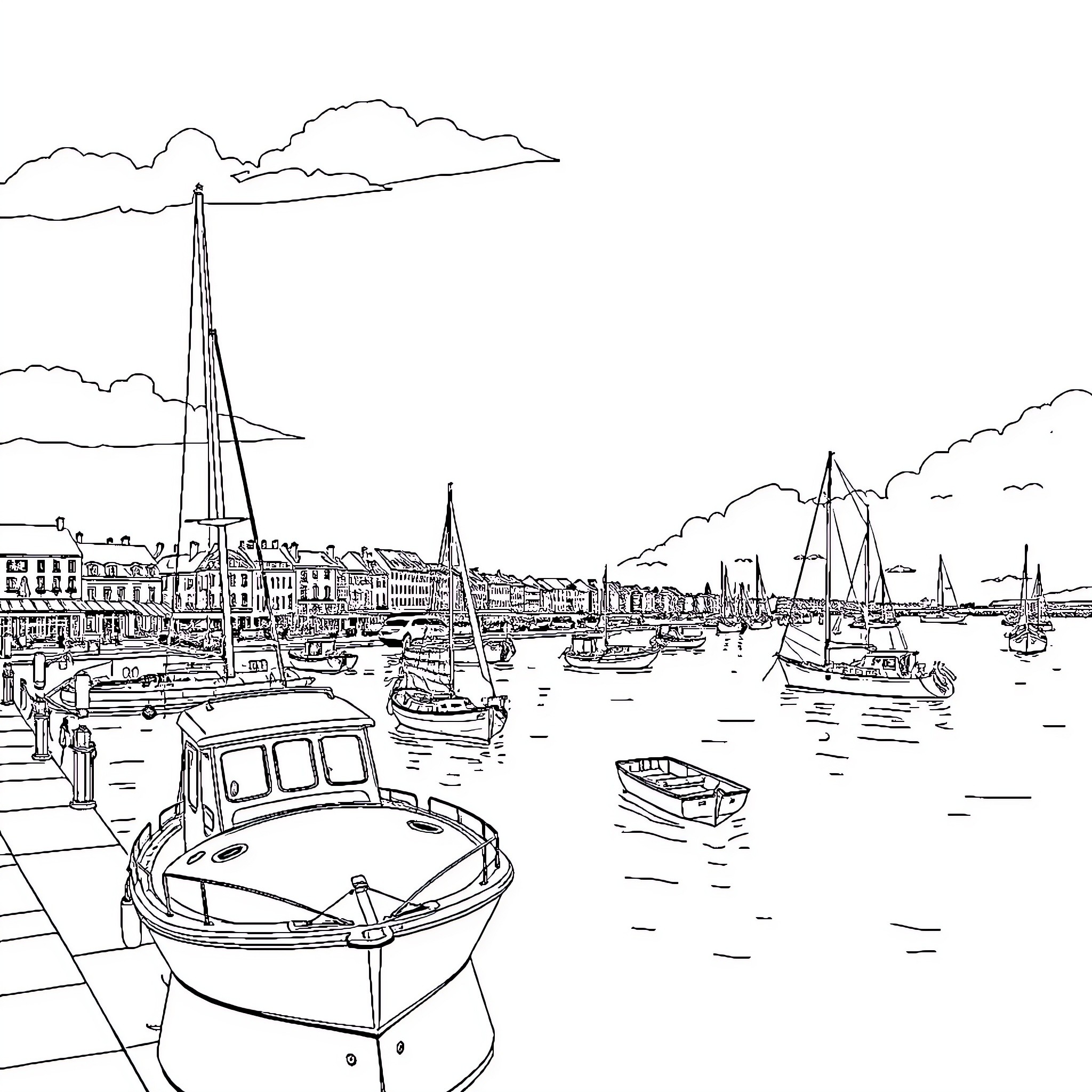 Alpine Renault Sailboats Docked on the Harbor Coloring Page (free black-and-white line drawing printable PDF for all, from beginners to advanced learners, including children, teens, adults, and seniors)